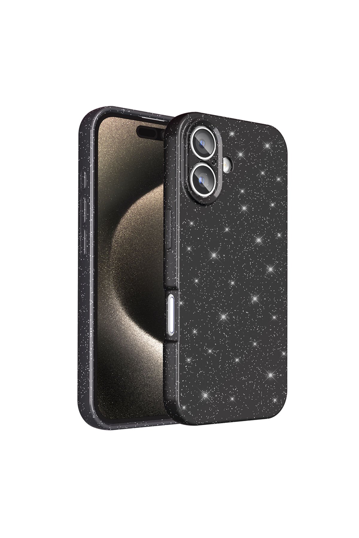 iPhone 16 Kılıf Kamera Korumalı Simli Lüks BSAY Koton Kapak - Gümüş Siyah