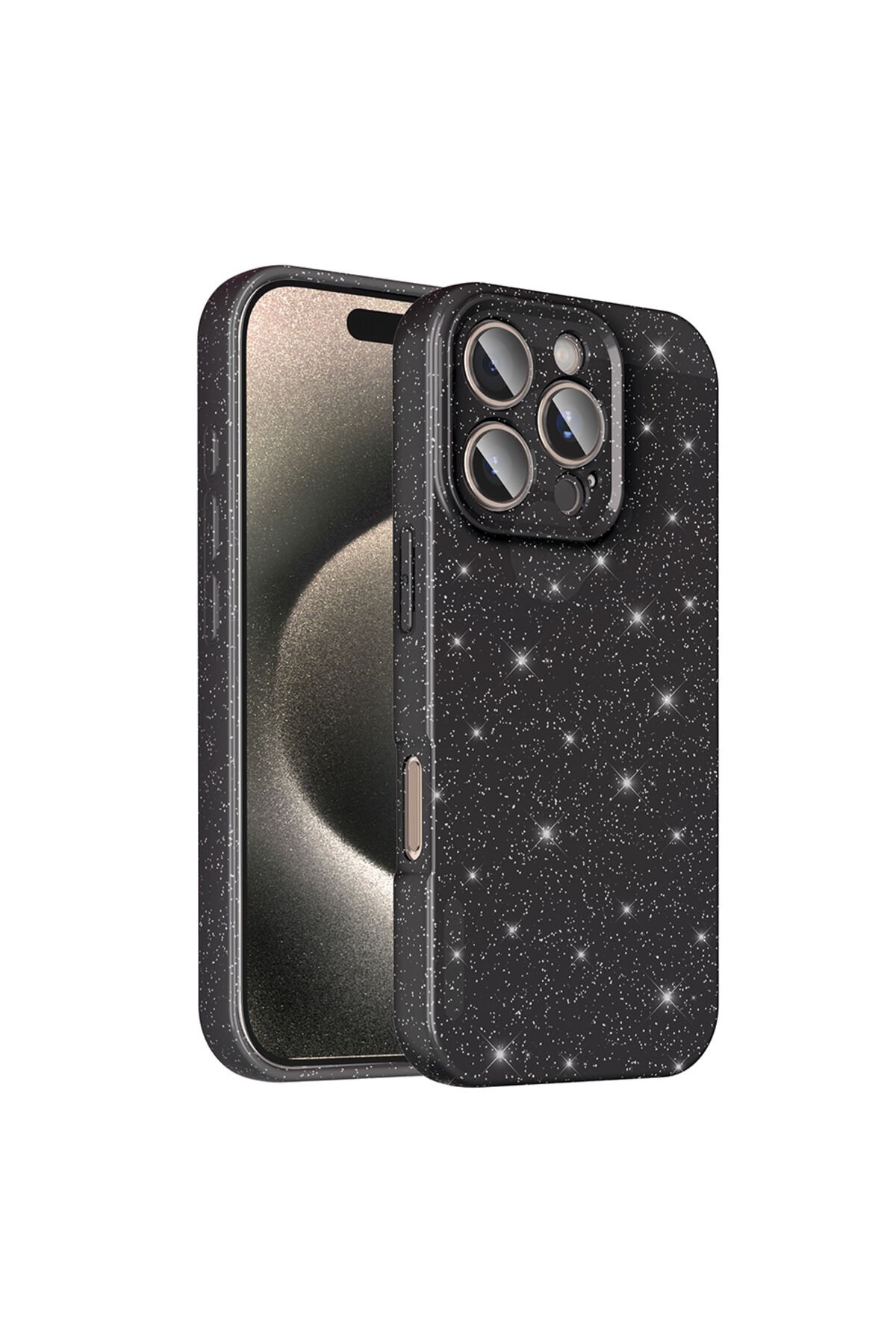 iPhone 16 Pro Kılıf Kamera Korumalı Simli Lüks BSAY Koton Kapak - Gümüş Siyah