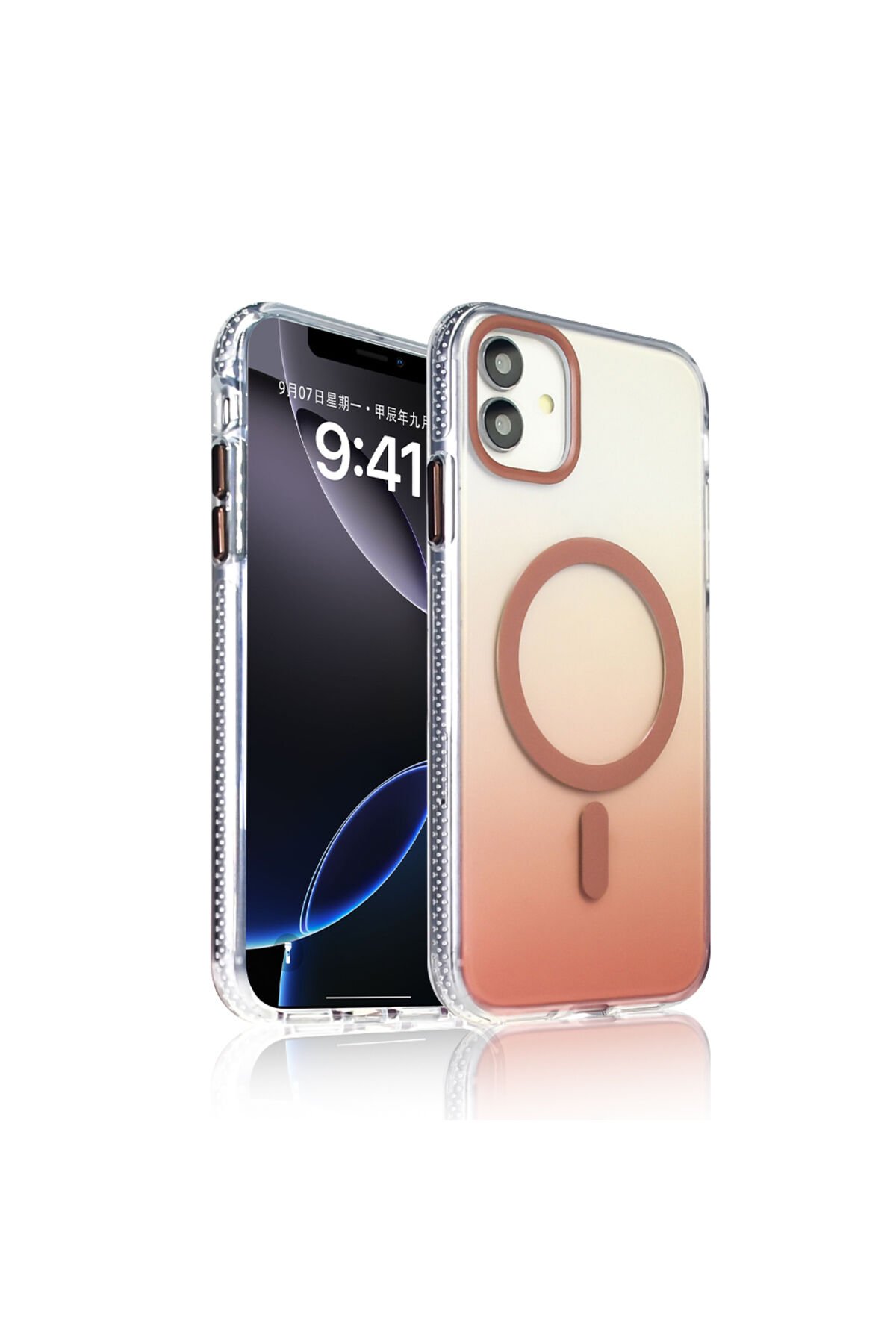 iPhone 11 Kılıf M-safe Şarj Özellikli Transparan Renk Geçişli BSAY Toros Kapak - Rose Gold