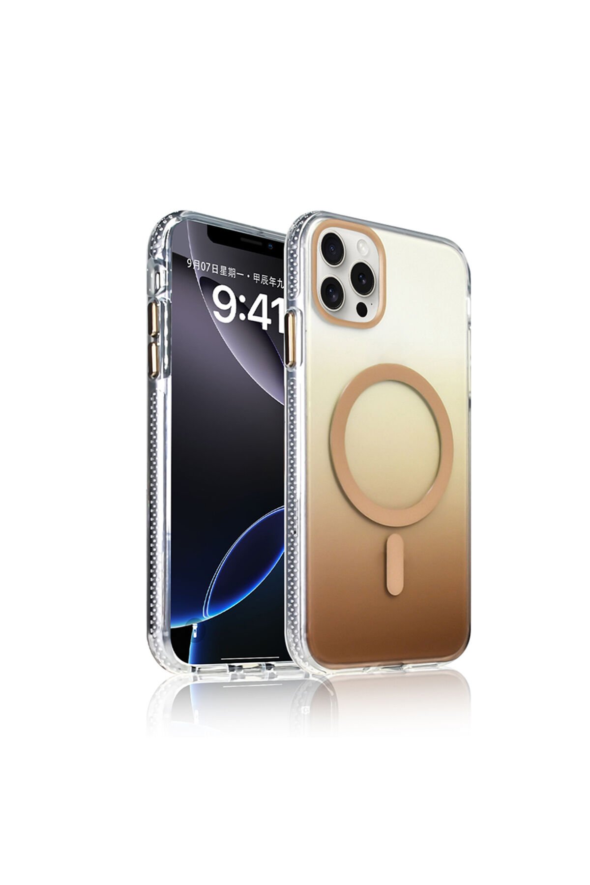 iPhone 14 Pro Max Kılıf M-safe Şarj Özellikli Transparan Renk Geçişli BSAY Toros Kapak - Gold