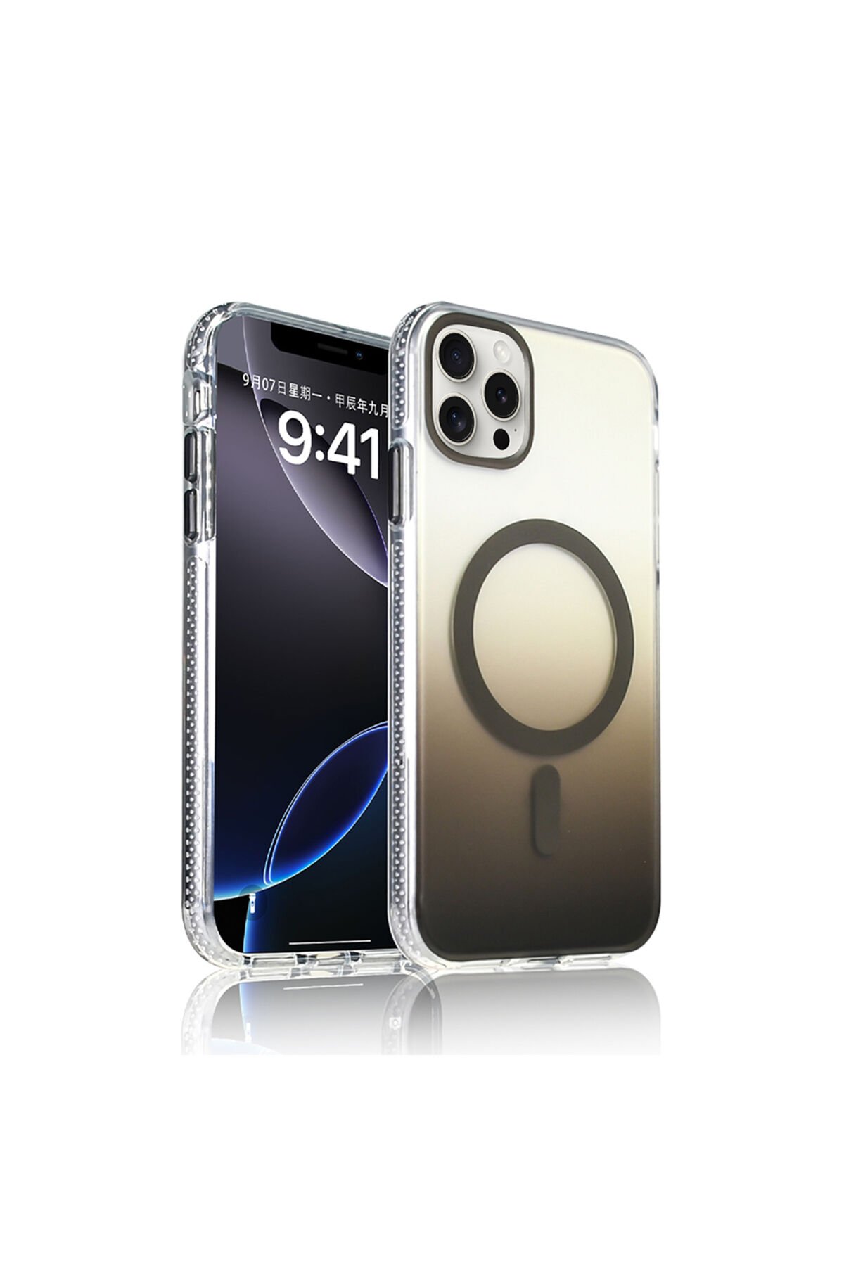 iPhone 15 Pro Max Kılıf M-safe Şarj Özellikli Transparan Renk Geçişli BSAY Toros Kapak - Gri