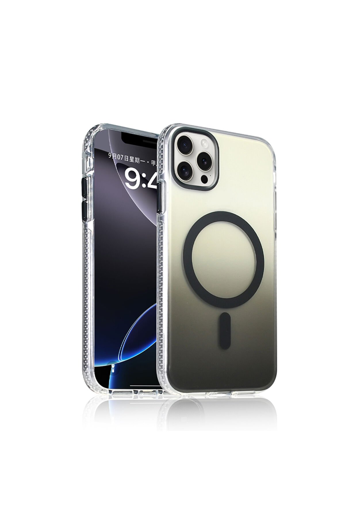 iPhone 16 Pro Kılıf M-safe Şarj Özellikli Transparan Renk Geçişli BSAY Toros Kapak - Siyah
