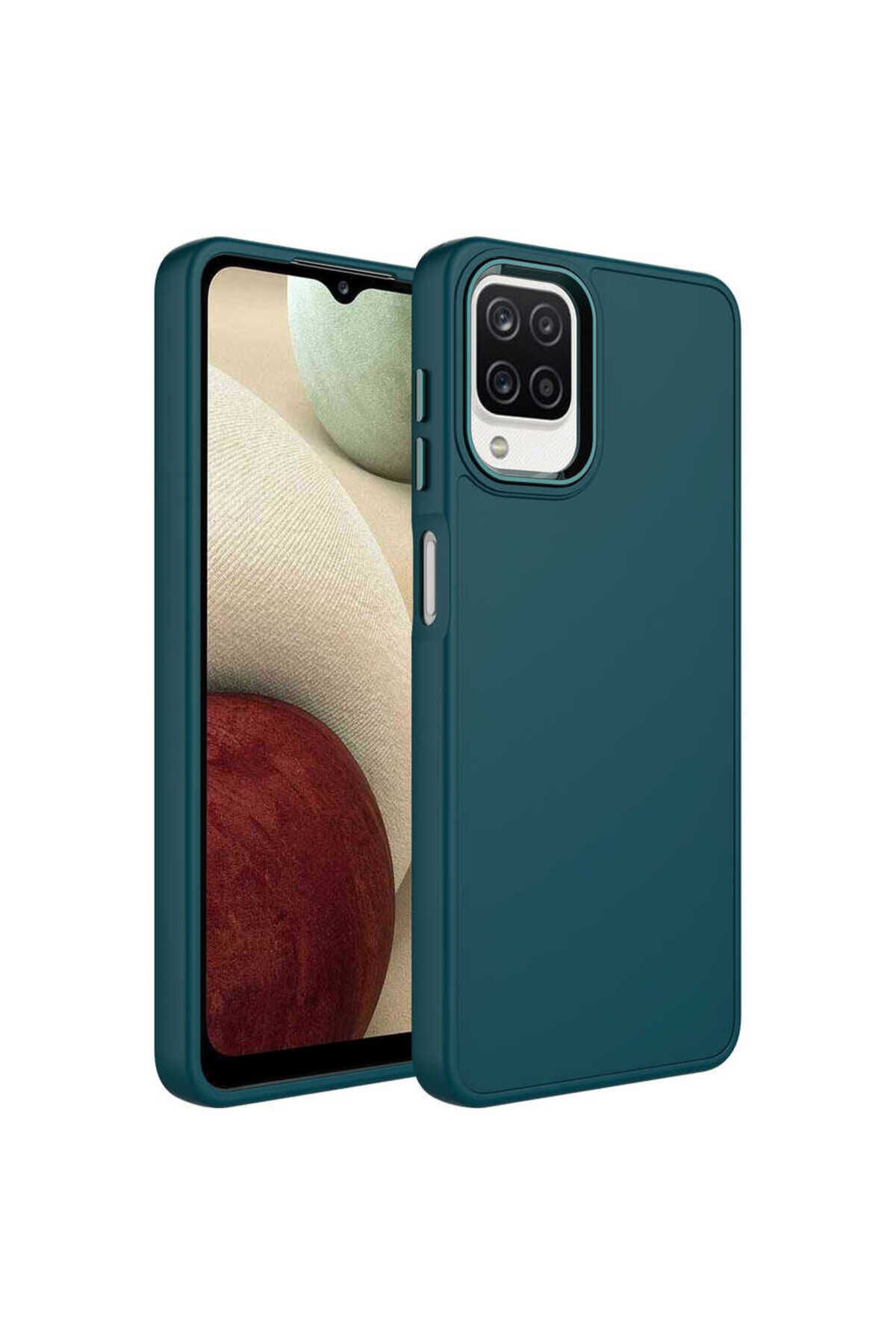 Galaxy M32 Kılıf Metal Çerçeve ve Buton Tasarımlı Silikon SBT Luna Kapak - Koyu Yeşil