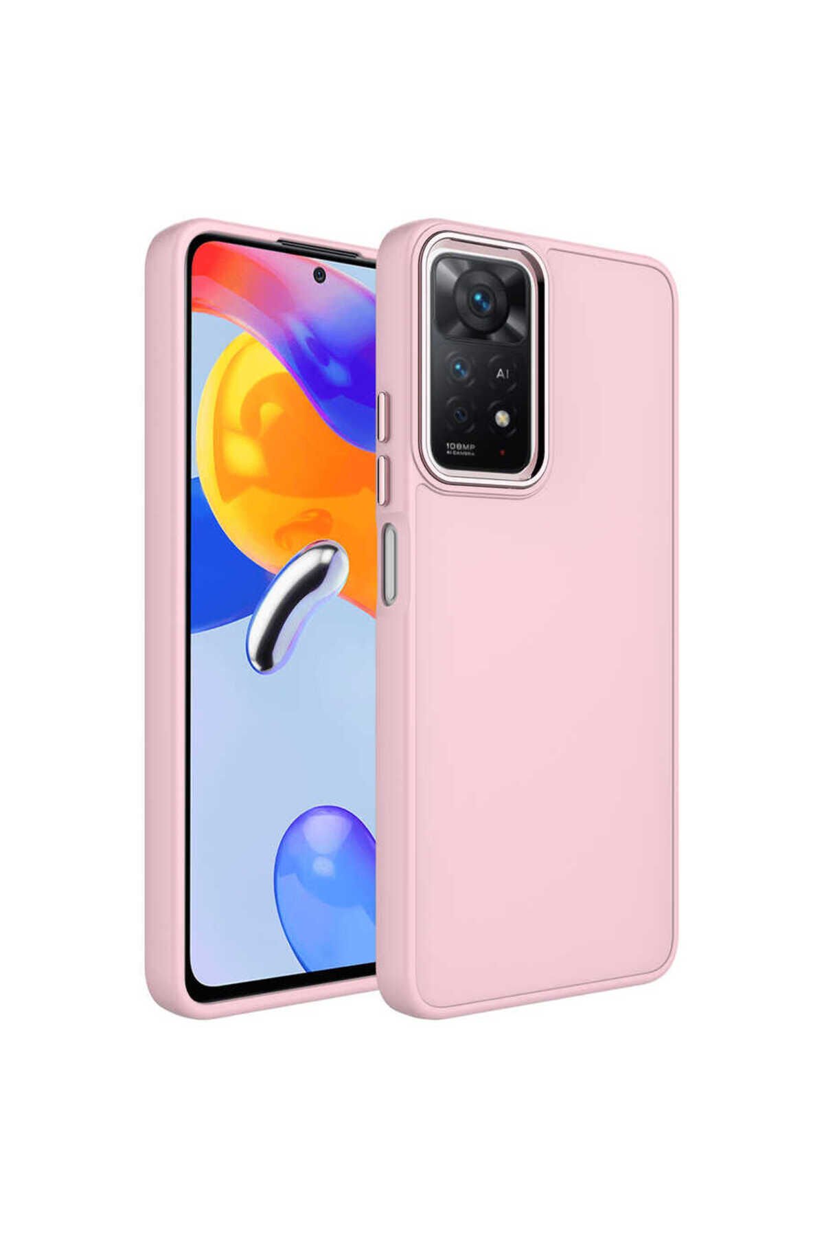 Redmi Note 11S Global Kılıf Metal Çerçeve ve Buton Tasarımlı Silikon BSAY Luna Kapak - Pembe