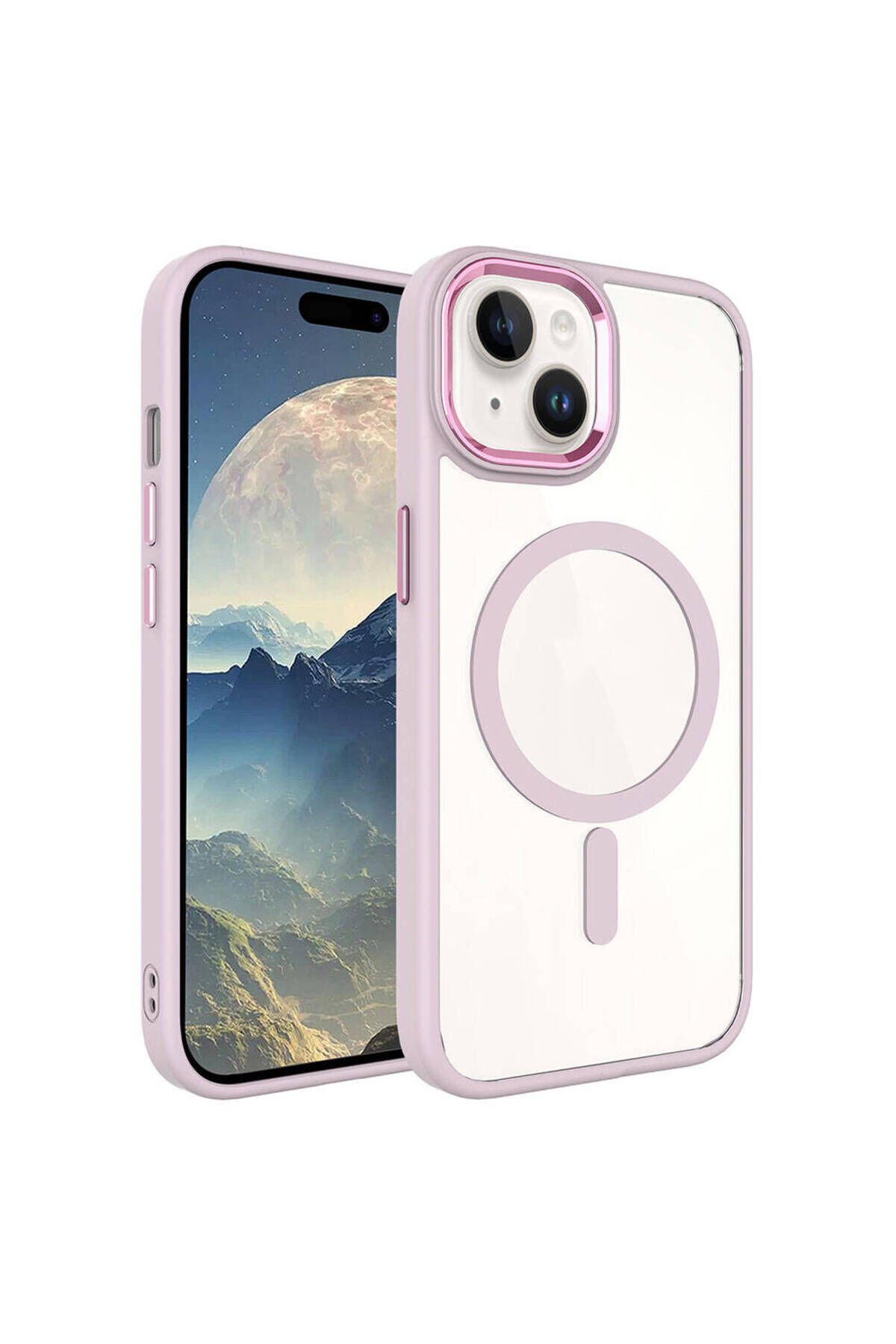 iPhone 15 Uyumlu Wireless Şarj Özellikli BSAY Krom Magsafe Silikon Kılıf-Derin Mor Pembe Açık