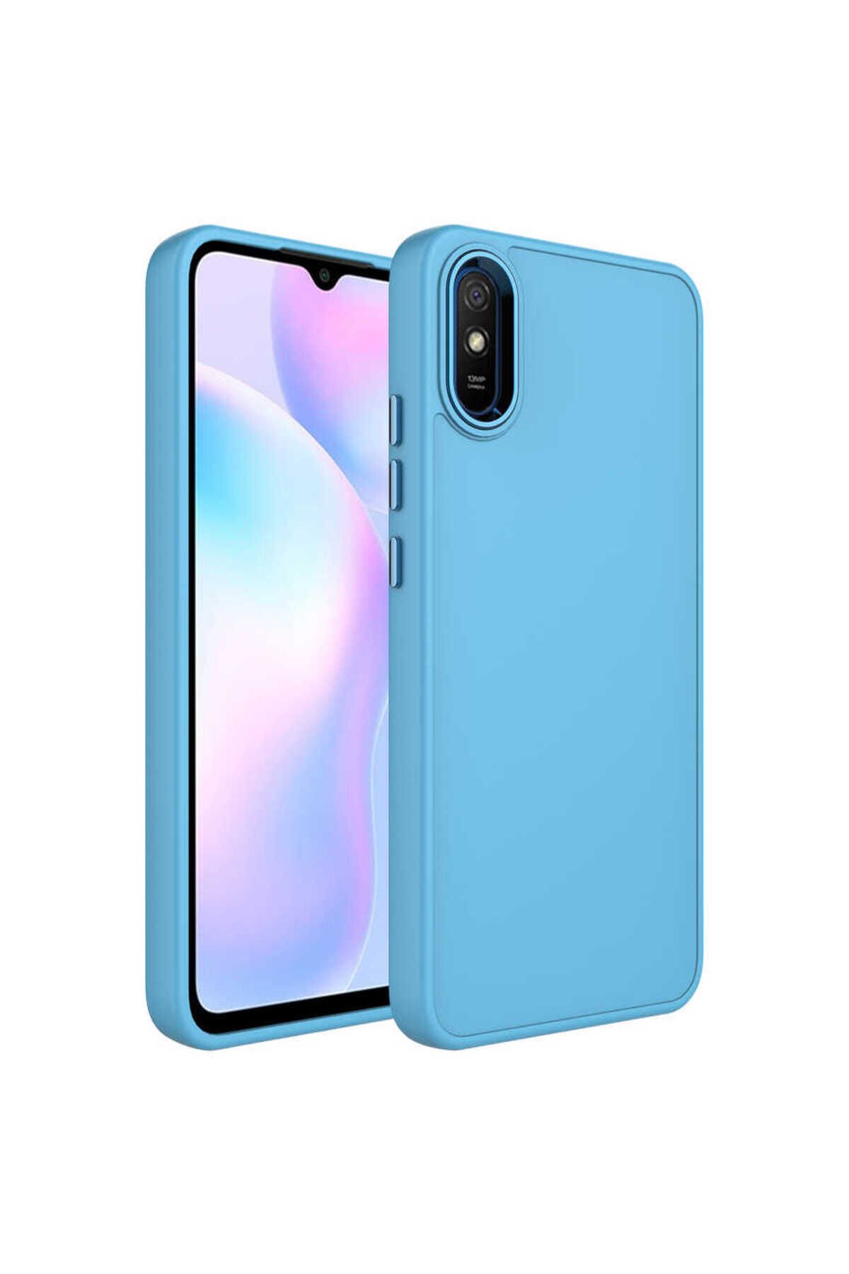 Redmi 9A Kılıf Metal Çerçeve ve Buton Tasarımlı Silikon BSAY Luna Kapak - Sierra Mavi