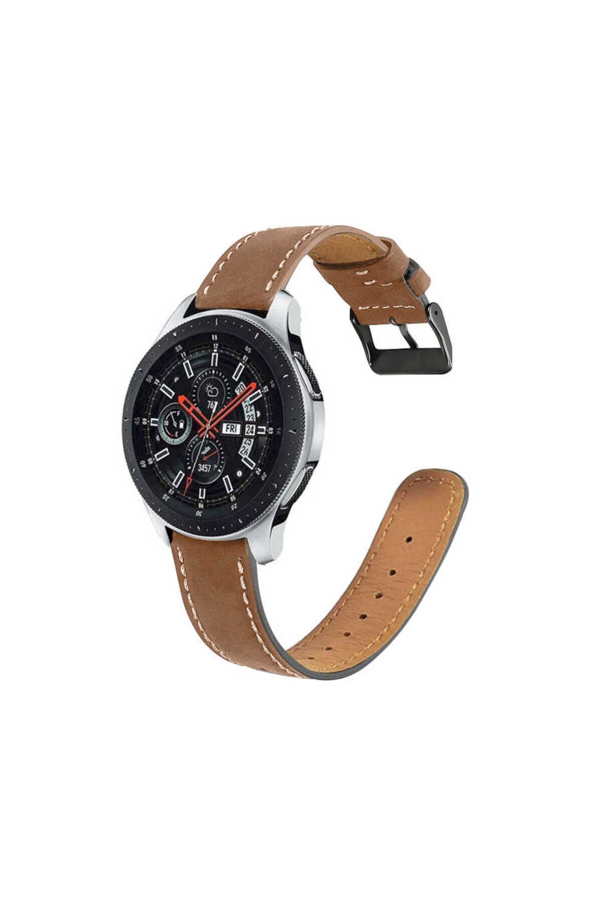 Gear S3 22mm Uyumlu KRD-29 Deri BSAY Kordon-Siyah Kahverengi