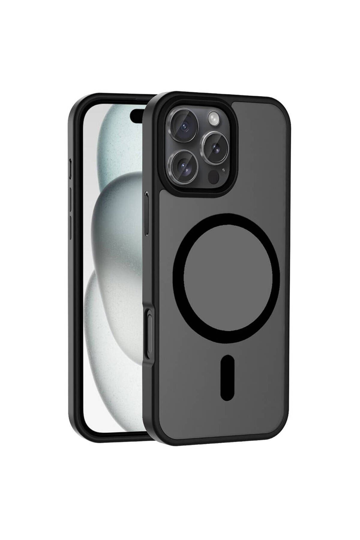 iPhone 16 Pro Max Kılıf Magsafe Şarj Özellikli Mat Arka Yüzey BSAY Sio Kapak-Siyah Siyah