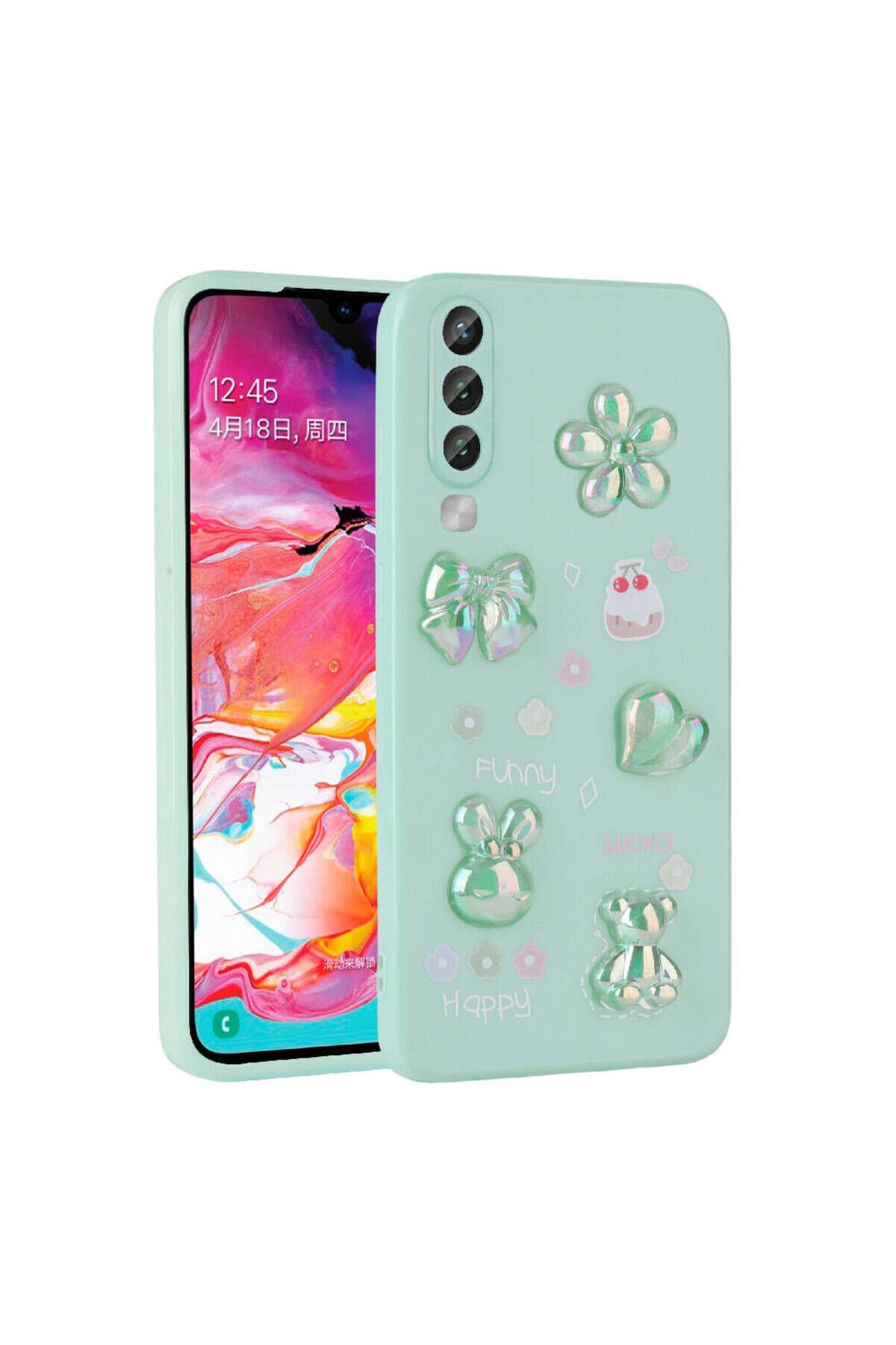 Galaxy A70 Kılıf Kabartma Figürlü Parlak BSAY Toys Silikon Kapak - Açık Yeşil Pembe