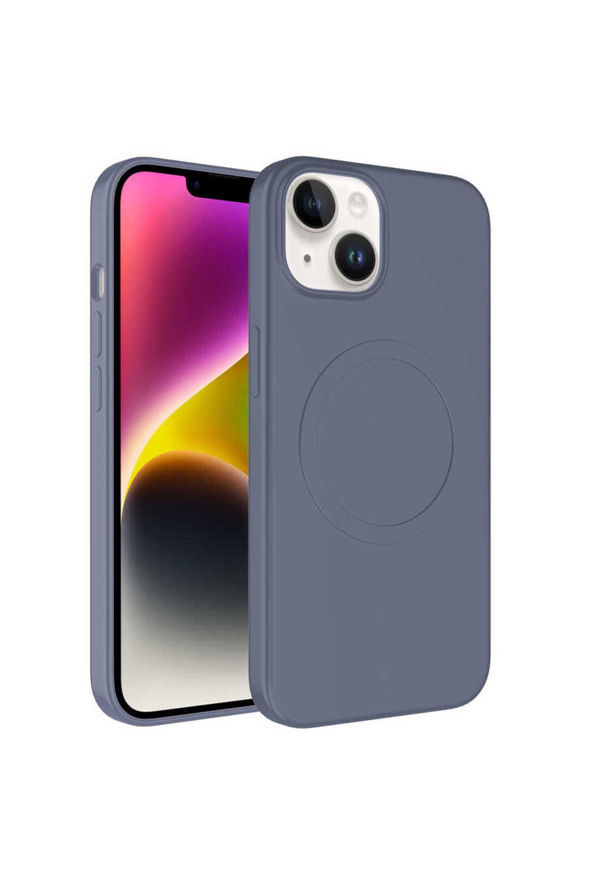 iPhone 14 Plus Uyumlu Magsafe Wireless Şarj Özellikli Pastel Renk Silikon BSAY Plas Kılıf-Siya Lavendery Gray