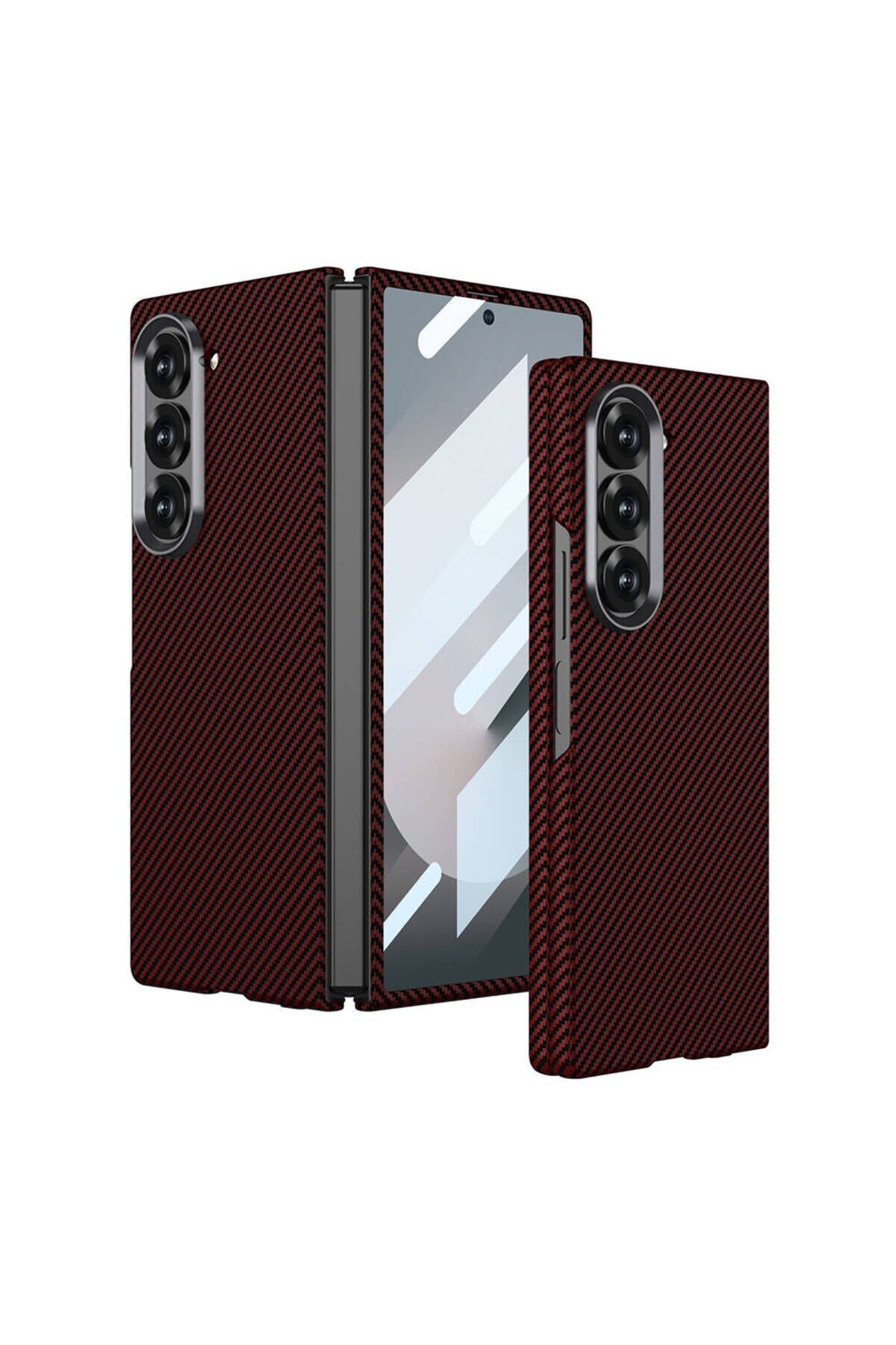 Galaxy Z Fold 6 Uyumlu Kamera Korumalı Karbon Fiber Tasarımlı Arka Yüzey BSAY Kıpta Karbon Kapak Kırmızı