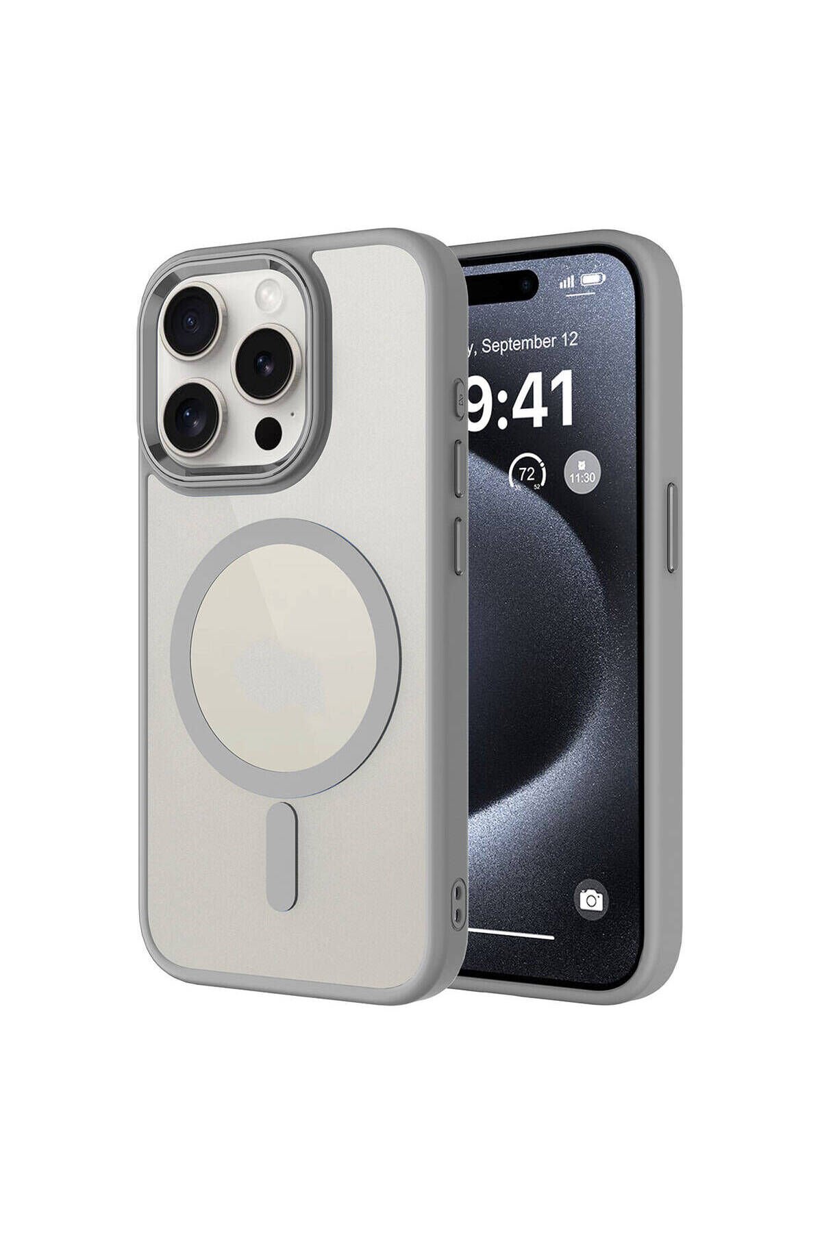 iPhone 15 Pro Max Uyumlu Wireless Şarj Özellikli BSAY Krom Magsafe Silikon Kılıf-Pembe Açık Gri