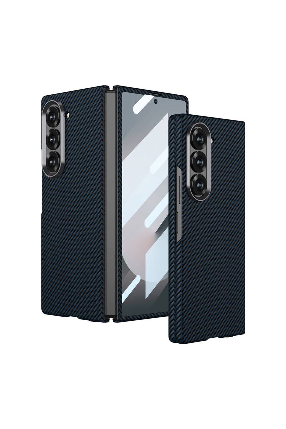 Galaxy Z Fold 6 Uyumlu Kamera Korumalı Karbon Fiber Tasarımlı Arka Yüzey BSAY Kıpta Karbon Kapak Lacivert