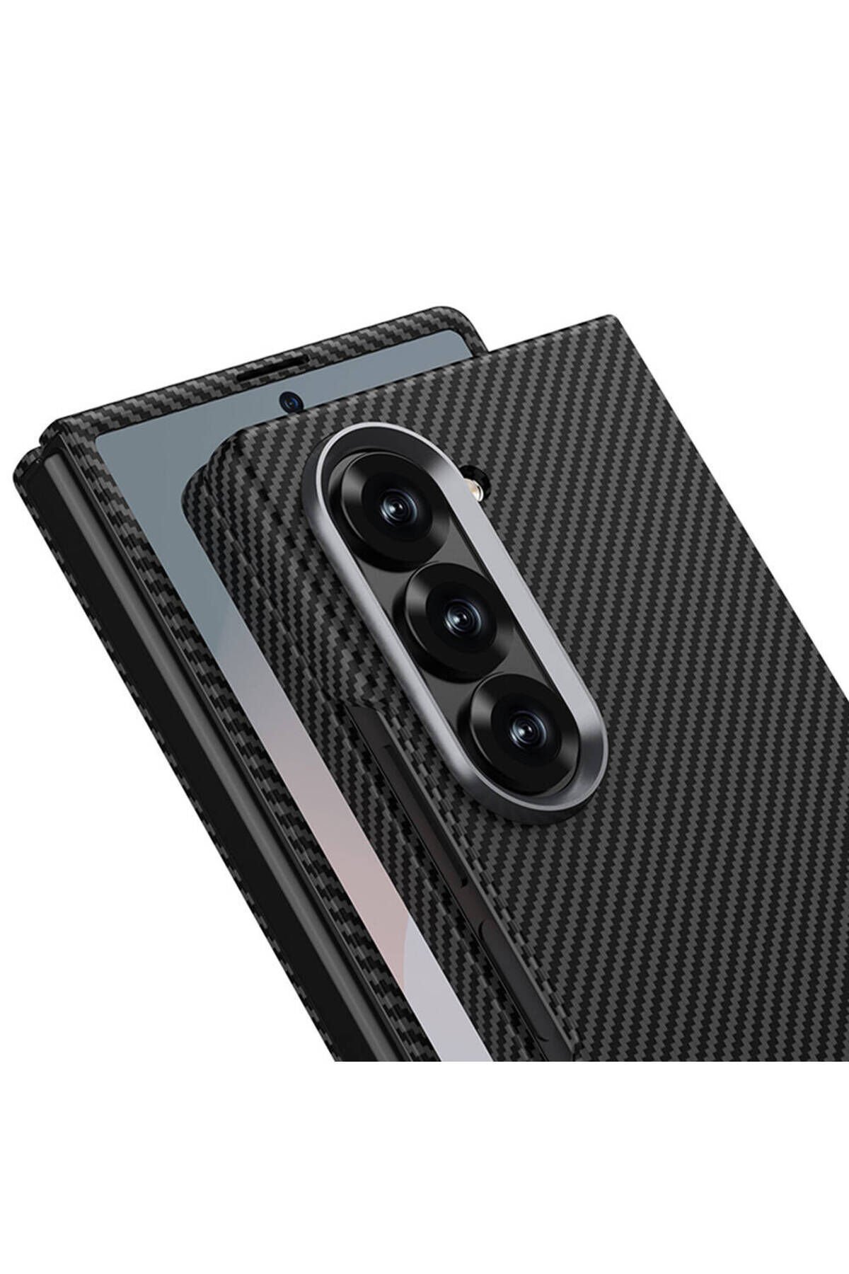 Galaxy Z Fold 6 Uyumlu Kamera Korumalı Karbon Fiber Tasarımlı Arka Yüzey BSAY Kıpta Karbon Kapak Siyah