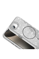 iPhone 17E Kılıf M-safe Şarj Özellikli Parlayan Simli Zore Okso Kapak - Derin Mor Beyaz