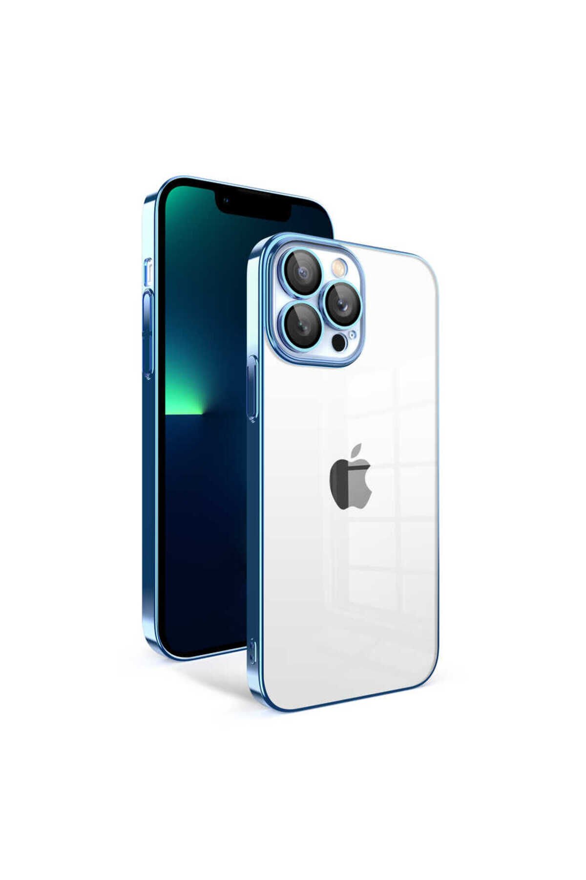 iPhone 13 Pro Max Uyumlu Kamera Korumalı Renkli Çerçeveli BSAY Garaj Kılıf-Mavi Açık