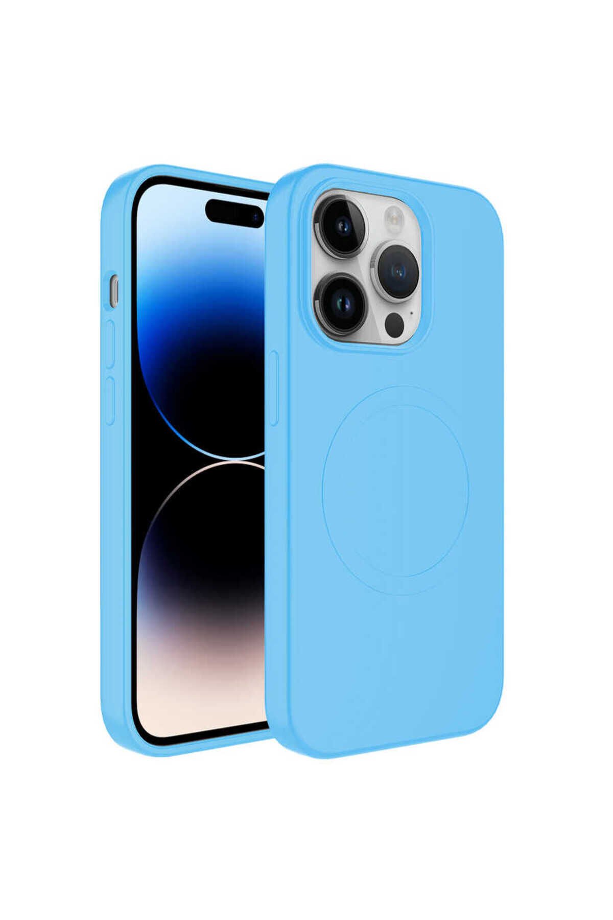 iPhone 14 Pro Max Uyumlu Magsafe Wireless Şarj Özellikli Pastel Renk Silikon BSAY Plas Kılıf-L Mavi Açık