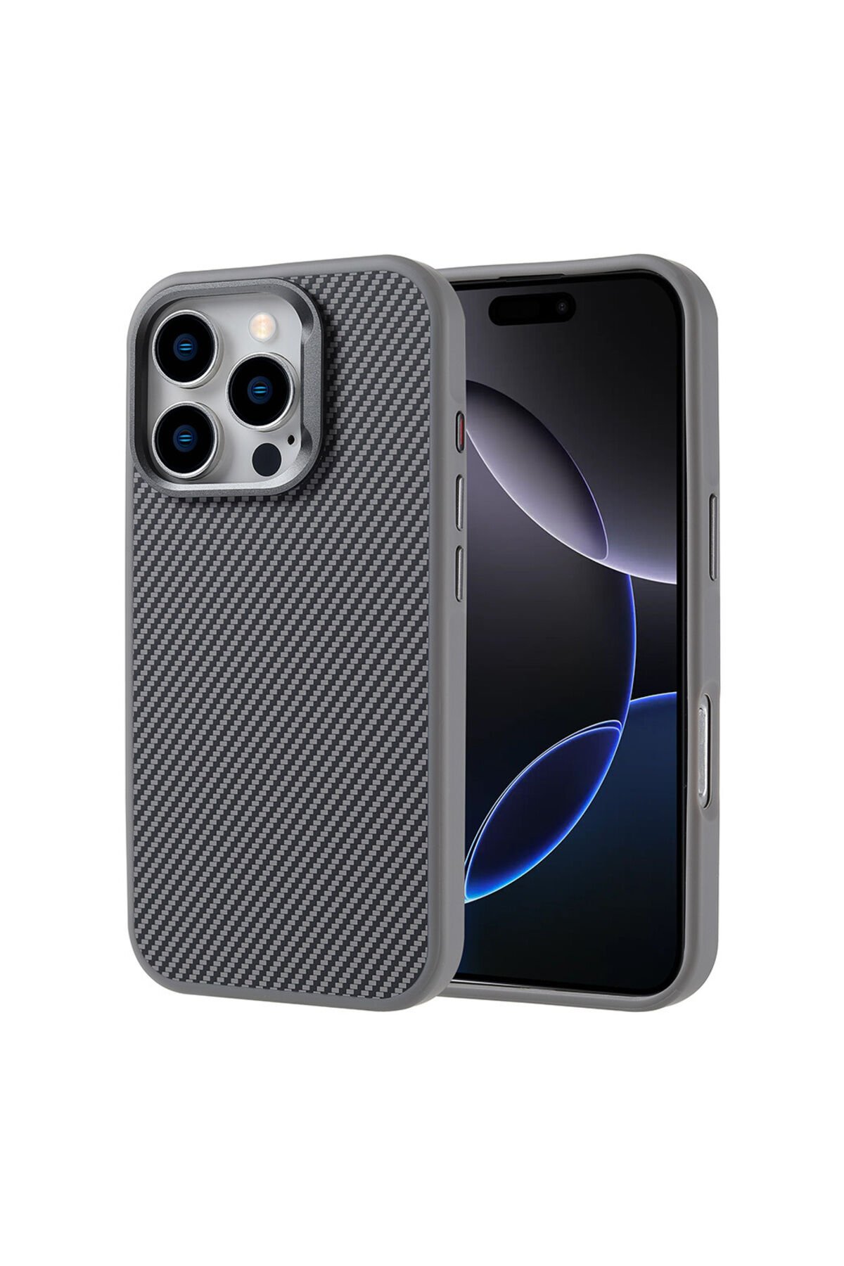 iPhone 16 Pro Max Kılıf Magsafe Şarj Özellikli Karbon Fiber Görünümlü BSAY Troy Kapak-Gümüş Gümüş