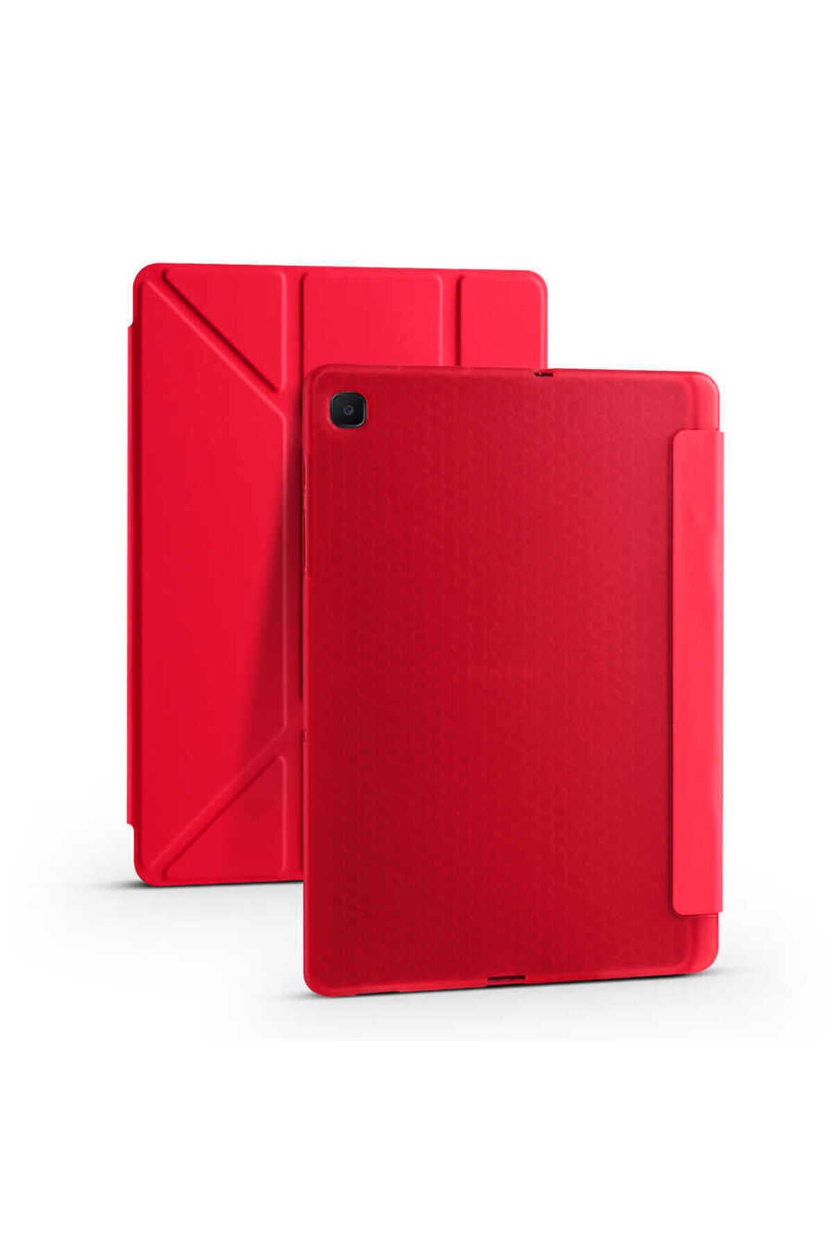 Galaxy Tab A7 10.4 T500 2020 Kılıf Uyumlu BSAY Tri Folding Kalem Bölmeli Standlı Kılıf-Kırmızı Kırmızı