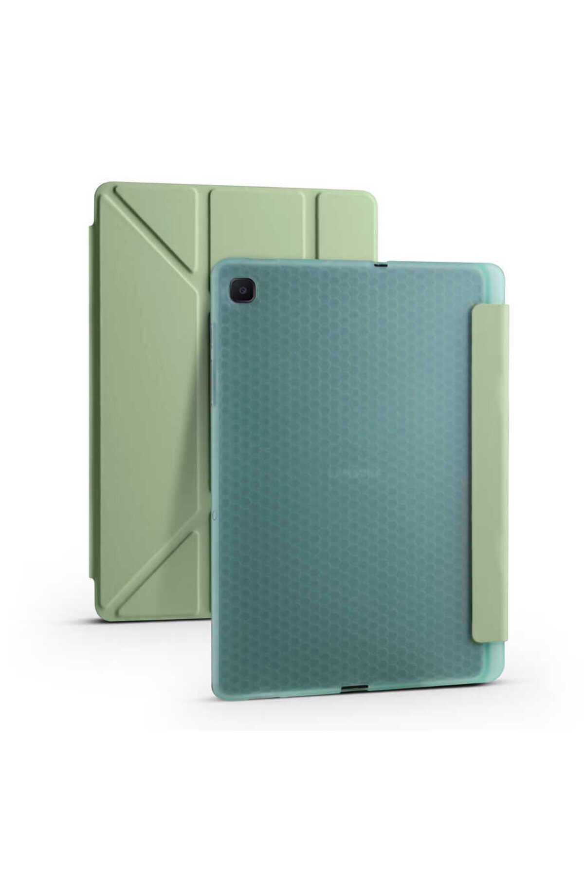 Galaxy Tab A7 10.4 T500 2020 Kılıf Uyumlu BSAY Tri Folding Kalem Bölmeli Standlı Kılıf-Kırmızı Açık Yeşil