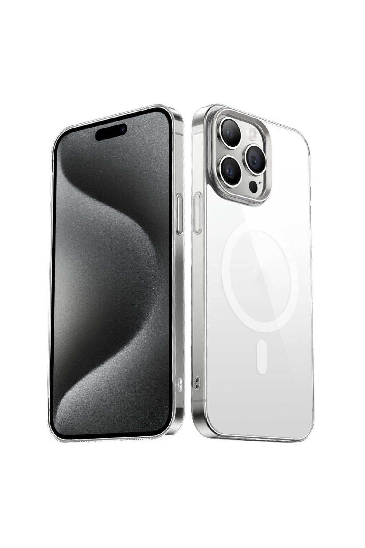 iPhone 15 Pro Kılıf Zore Wireless Şarj Özellikli Şeffaf G-Glass Kapak - Gümüş