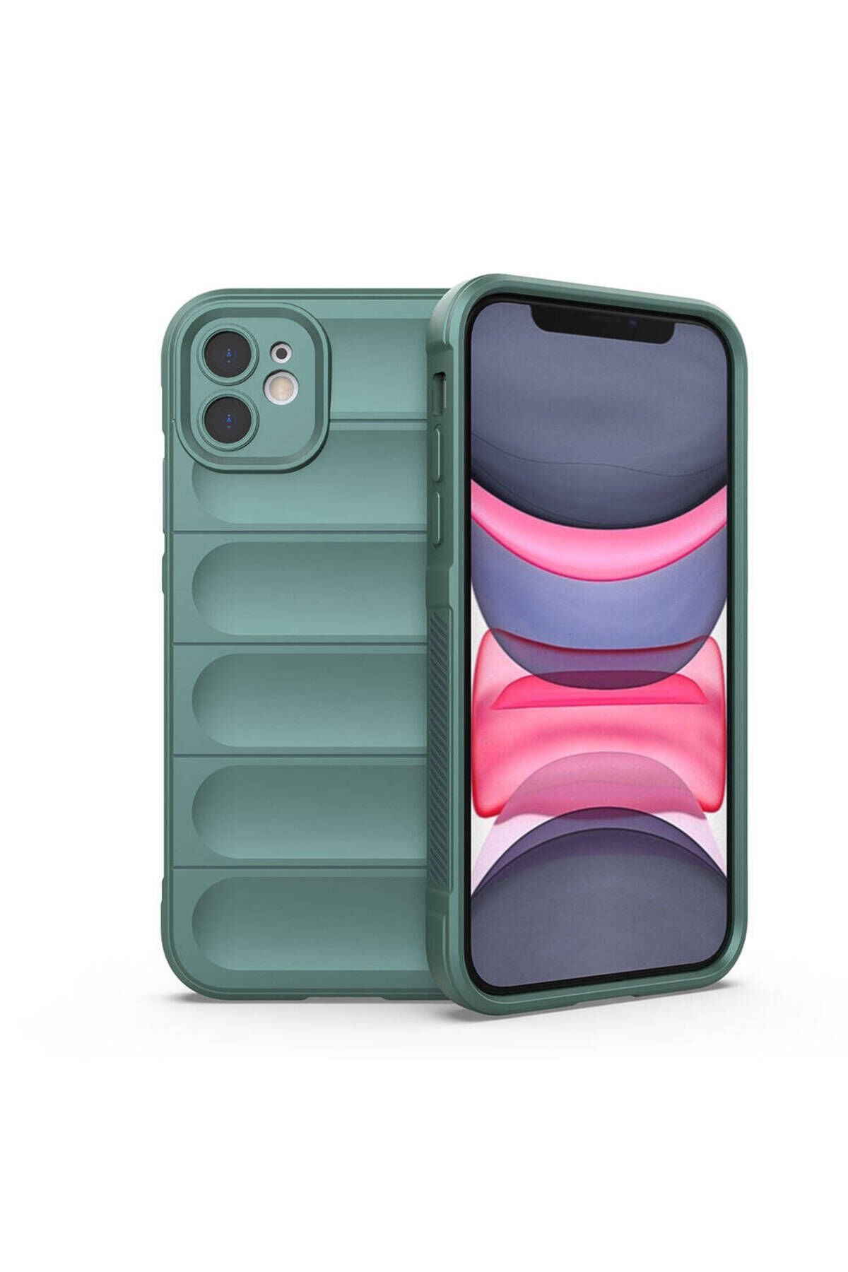 iPhone 11 Kılıf Esnek TPU Oyuklu Arka Yüzey Tasarımlı SBT Etnik Silikon Kapak - Koyu Yeşil