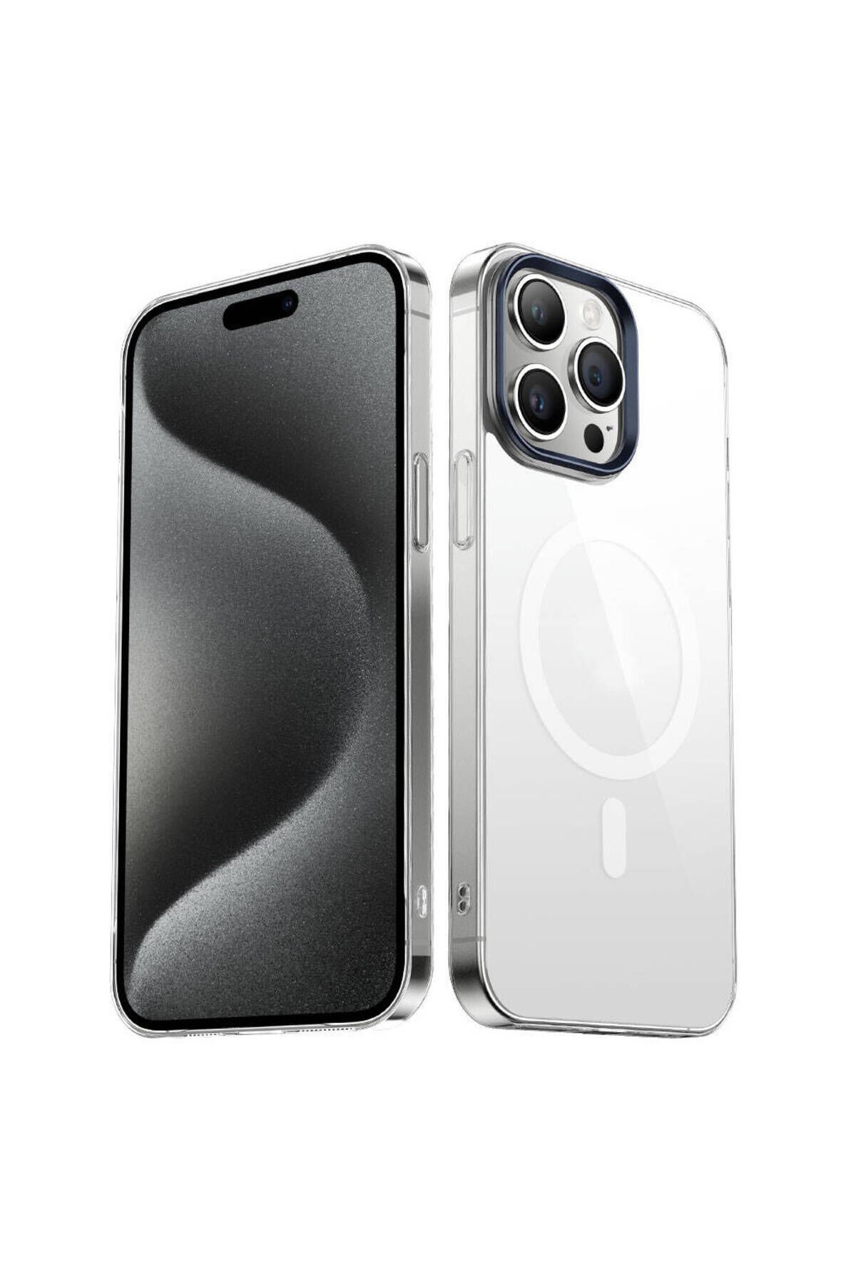 iPhone 15 Pro Max Kılıf Zore Wireless Şarj Özellikli Şeffaf G-Glass Kapak - Lacivert