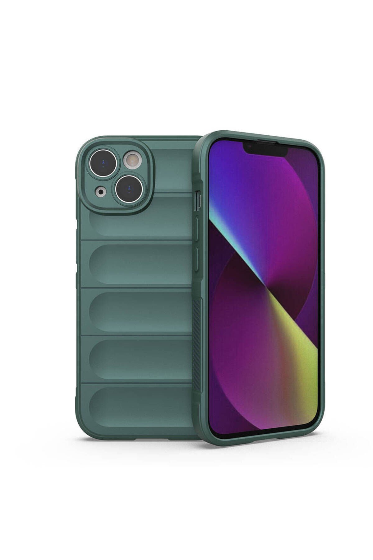 iPhone 14 Kılıf Esnek TPU Oyuklu Arka Yüzey Tasarımlı BSAY Etnik Silikon Kapak - Koyu Yeşil