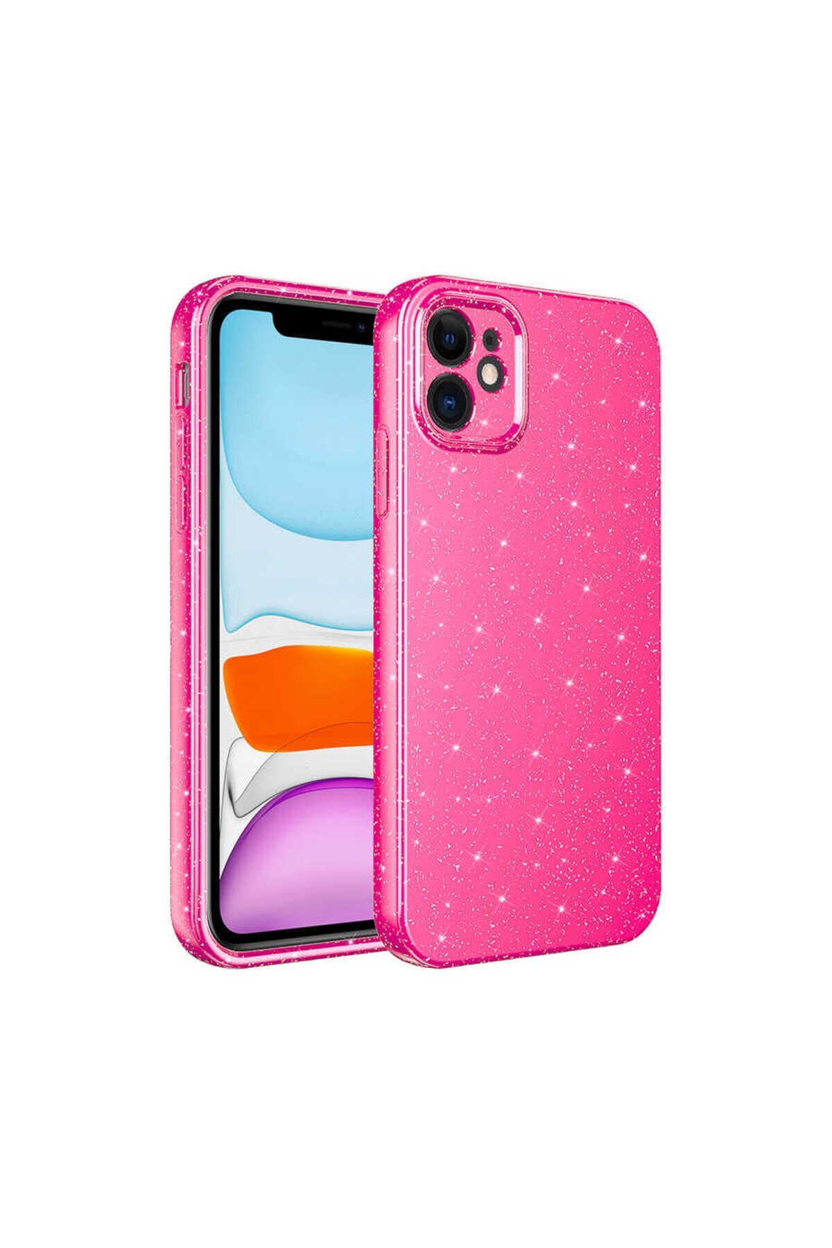 iPhone 11 Uyumlu Kamera Korumalı Simli Lüks BSAY Koton Kılıf-Pembe Koyu Pembe Koyu