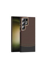 Galaxy S23 Ultra Kılıf M-safe Şarj Özellikli Karbon Fiber Görünümlü BSAY Gros Kapak - Lacivert Gold-Siyah
