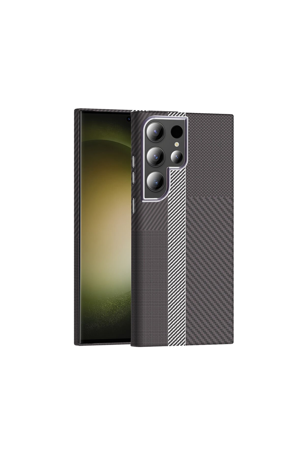 Galaxy S23 Ultra Kılıf M-safe Şarj Özellikli Karbon Fiber Görünümlü SBT Gros Kapak - Gri-Siyah Gri-Siyah