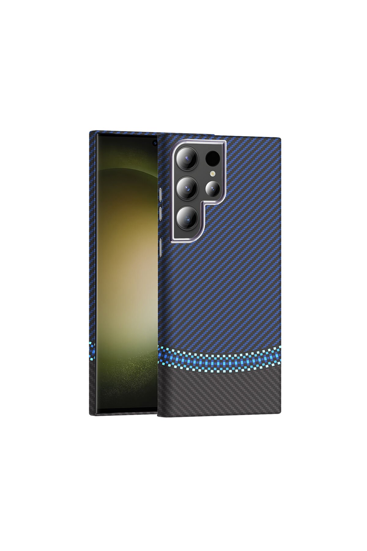 Galaxy S23 Ultra Kılıf M-safe Şarj Özellikli Karbon Fiber Görünümlü ZPRB Gros Kapak - Siyah-Lacivert Siyah-Lacivert