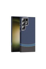 Galaxy S23 Ultra Kılıf M-safe Şarj Özellikli Karbon Fiber Görünümlü ZPRB Gros Kapak - Siyah-Lacivert Siyah-Lacivert