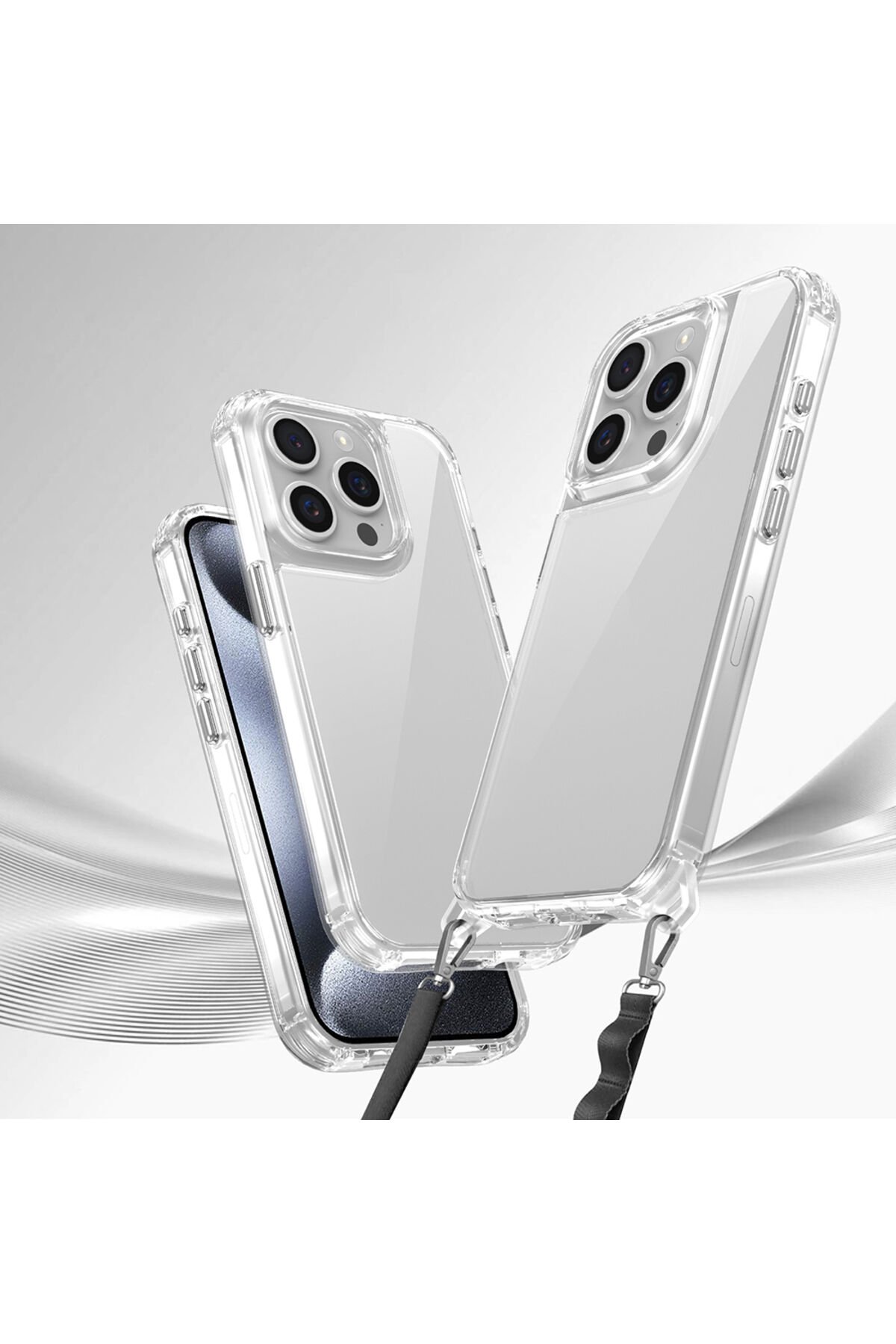 iPhone 15 Pro Max Kılıf AiHTTgli Takılabilir Askı Aparatlı BSAY Snap Silikon Kapak-Şeffaf Şeffaf