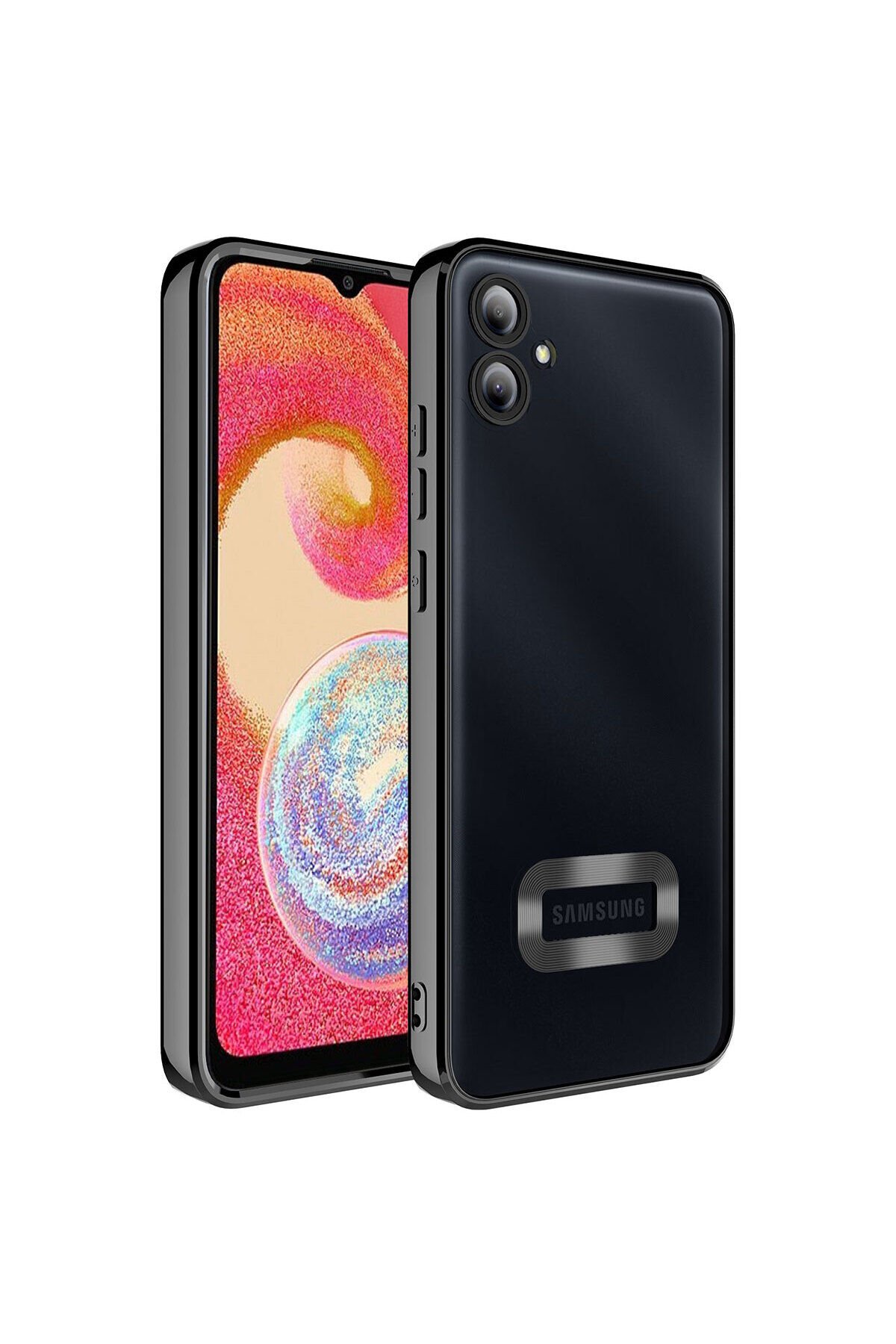 Galaxy A04E Kılıf Kamera Korumalı Logo Gösteren BSAY Omega Kapak - Gold Siyah