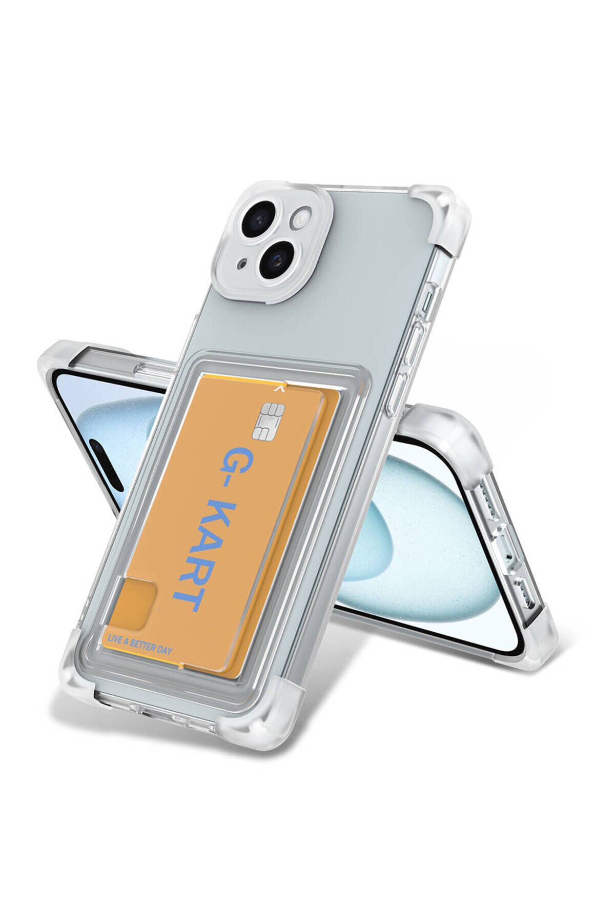 iPhone 15 Kılıf Airbag Tasarımlı Şeffaf Kartlıklı BSAY G-Kart Kapak - Renksiz Renksiz