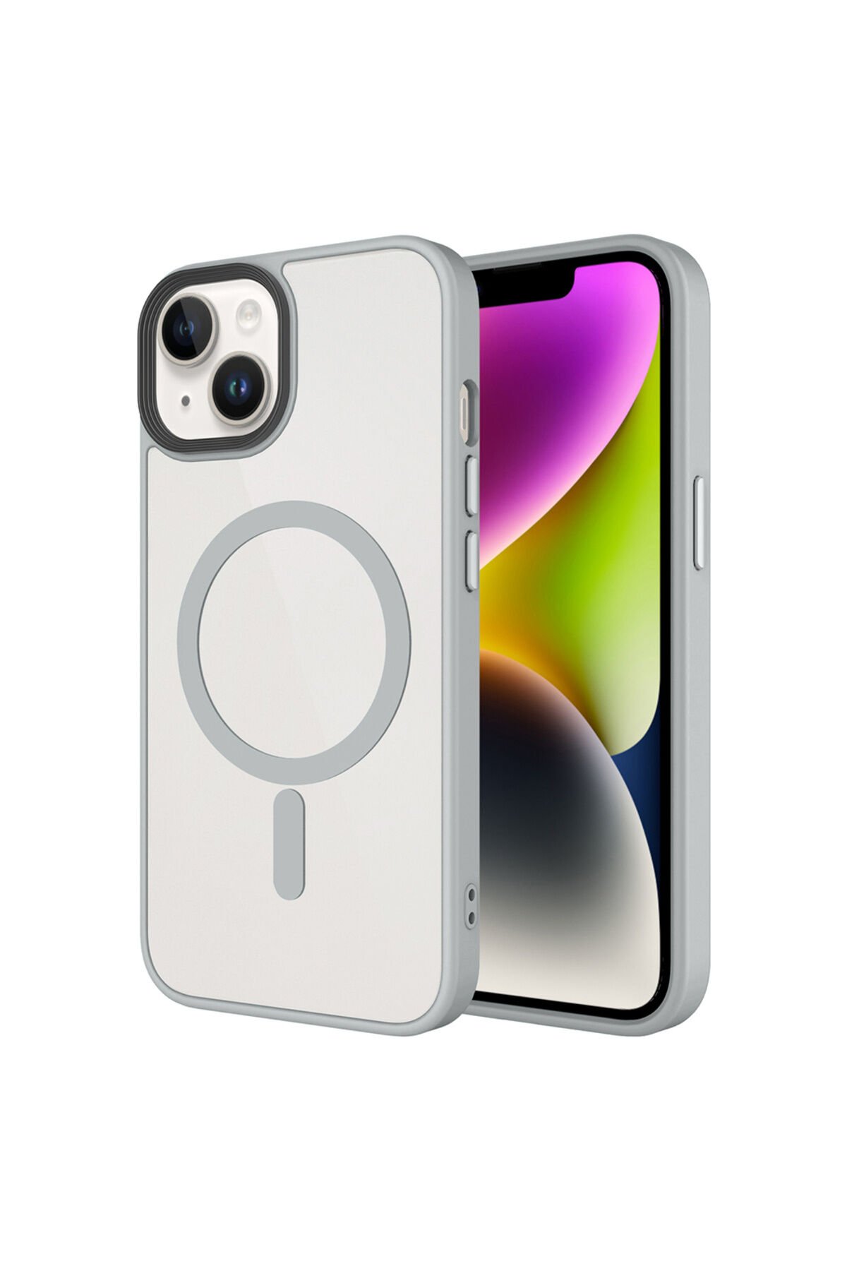 iPhone 14 Plus Kılıf Mat Arka Yüzey Wireless Şarj Özellikli BSAY Flet M-safe Kapak - Gri