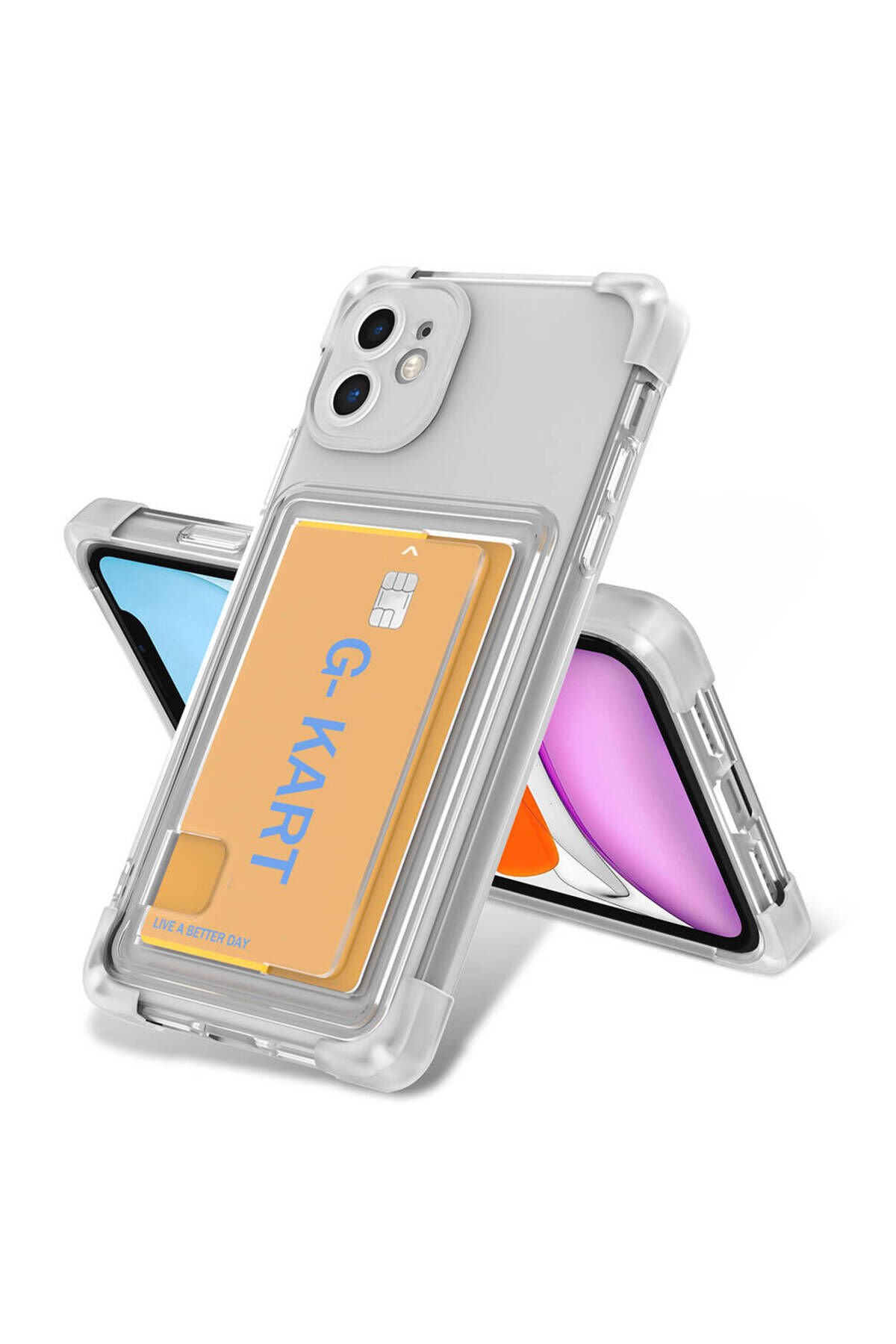 iPhone 11 Kılıf Airbag Tasarımlı Şeffaf Kartlıklı BSAY G-Kart Kapak - Renksiz Renksiz