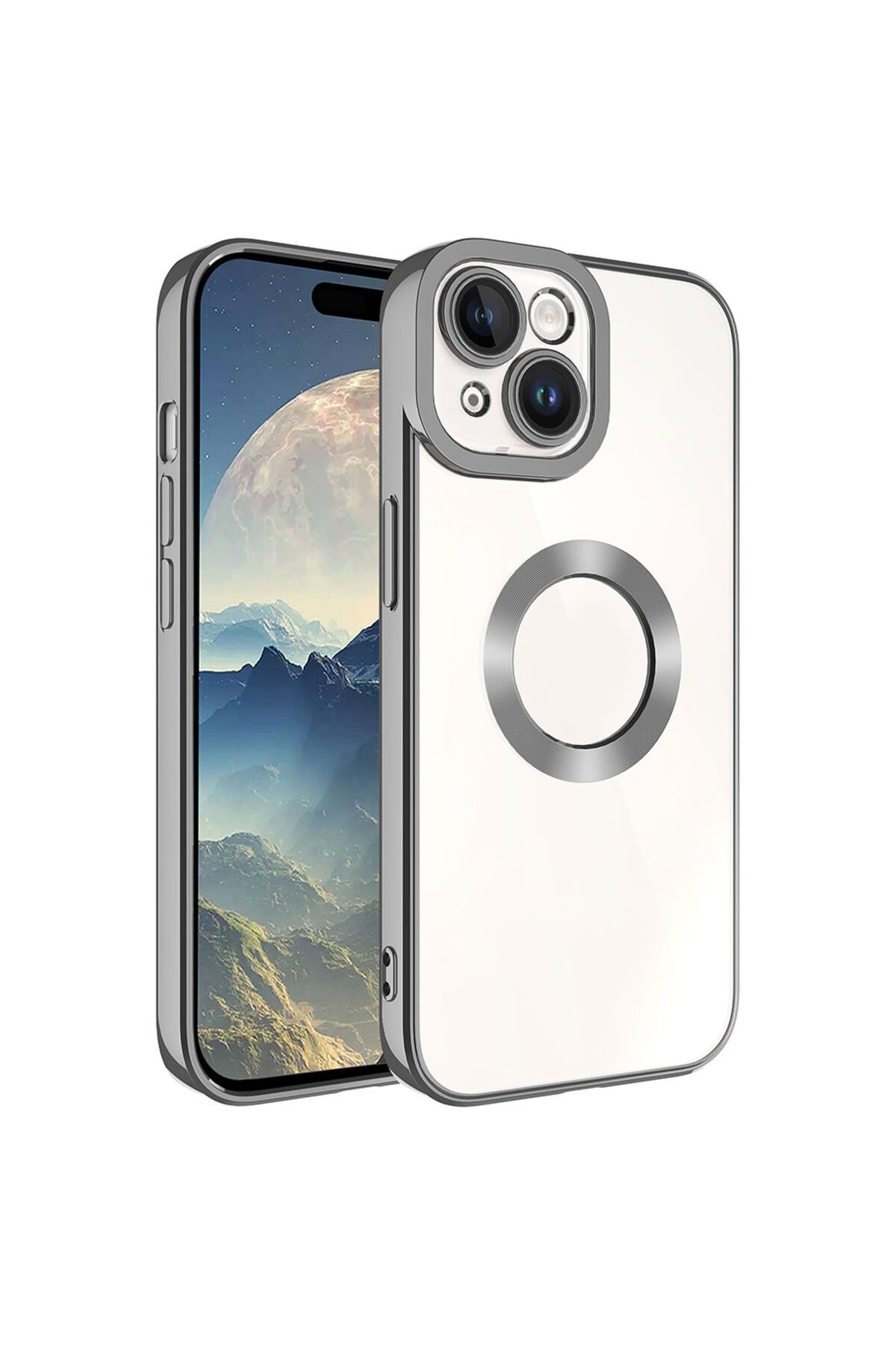 iPhone 15 Uyumlu Kamera Korumalı Logo Gösteren BSAY Omega Kılıf-Gold Koyu Gri
