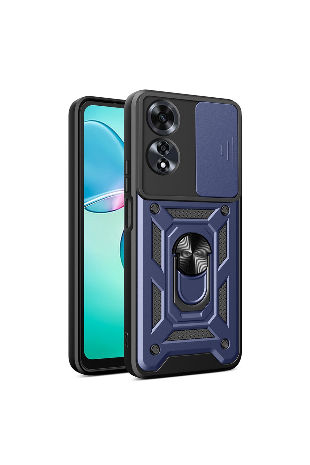 Oppo A60 Uyumlu Magnetik Standlı Kamera Korumalı BSAY Sürgülü Vega Kapak-Mavi Mavi