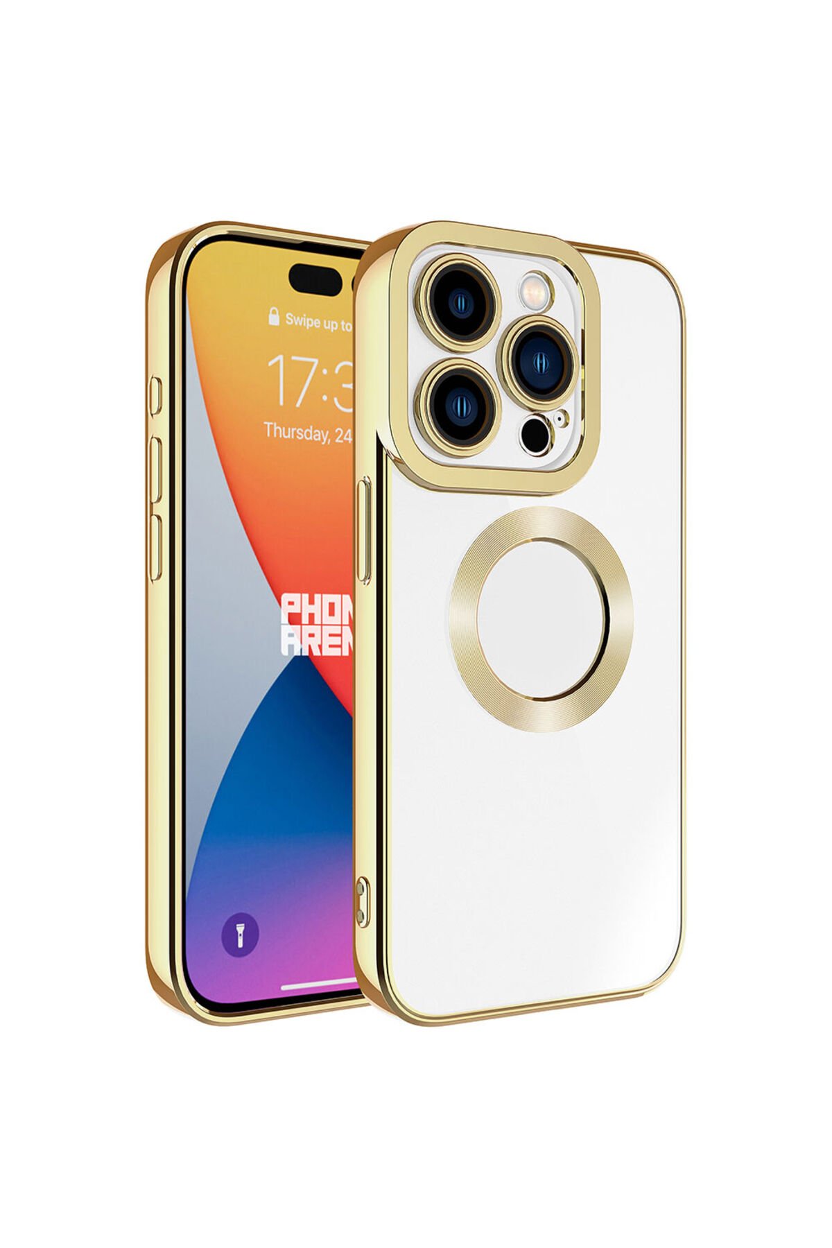 iPhone 15 Pro Uyumlu Kamera Korumalı Logo Gösteren BSAY Omega Kılıf-Midnight Gold