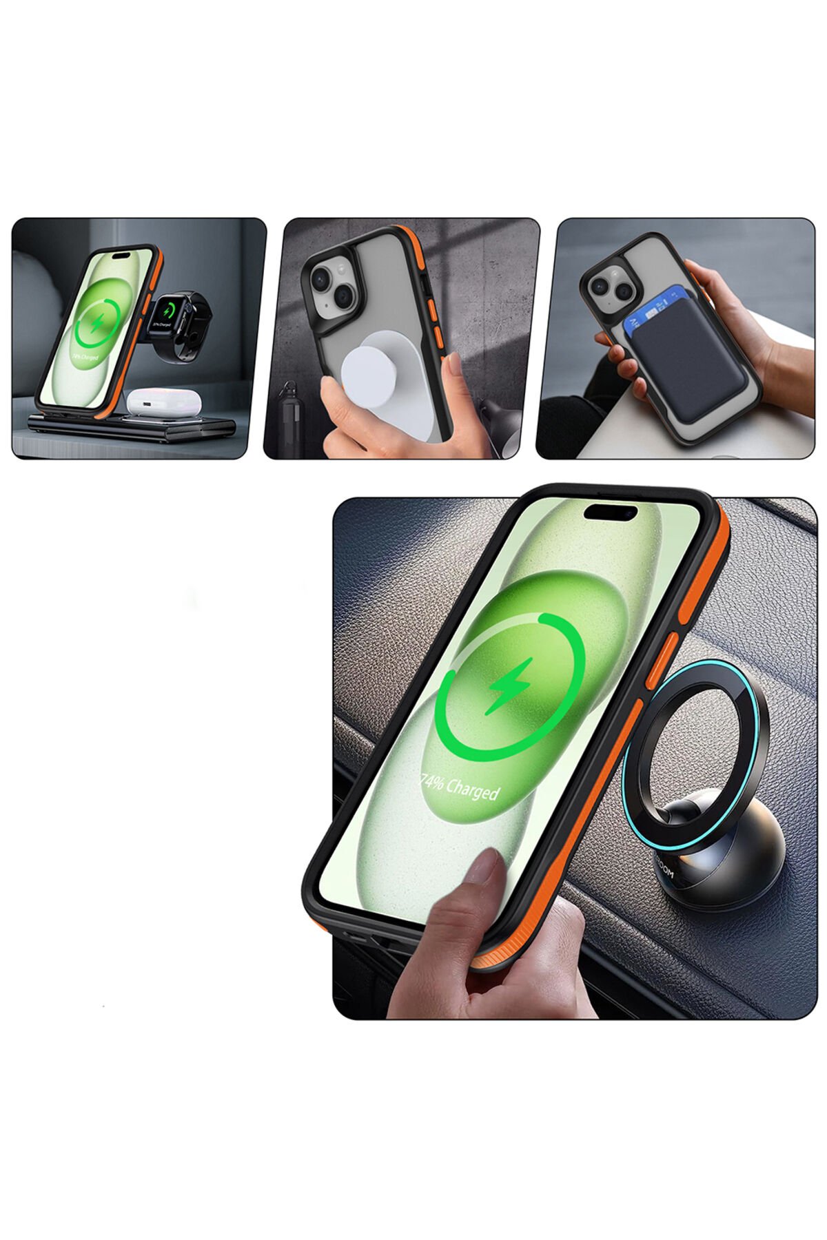 iPhone 14 Pro Uyumlu Magsafe Şarj Özellikli Renkli Kenar Airbag Şeritli BSAY Lamer Kapak-Siyah Siyah