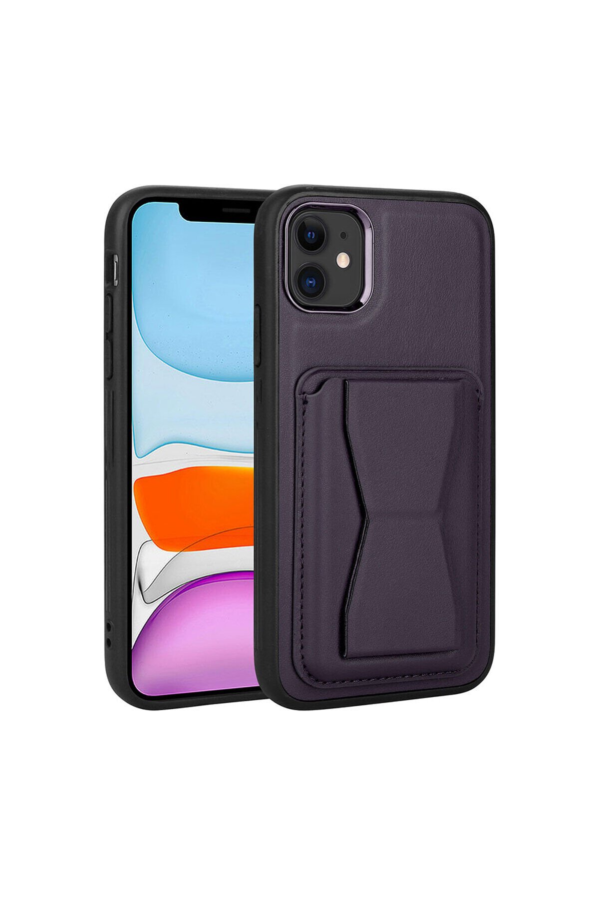 iPhone 11 Uyumlu Kartlıklı Standlı Pu Deri BSAY Memo Kılıf-Koyu Mor