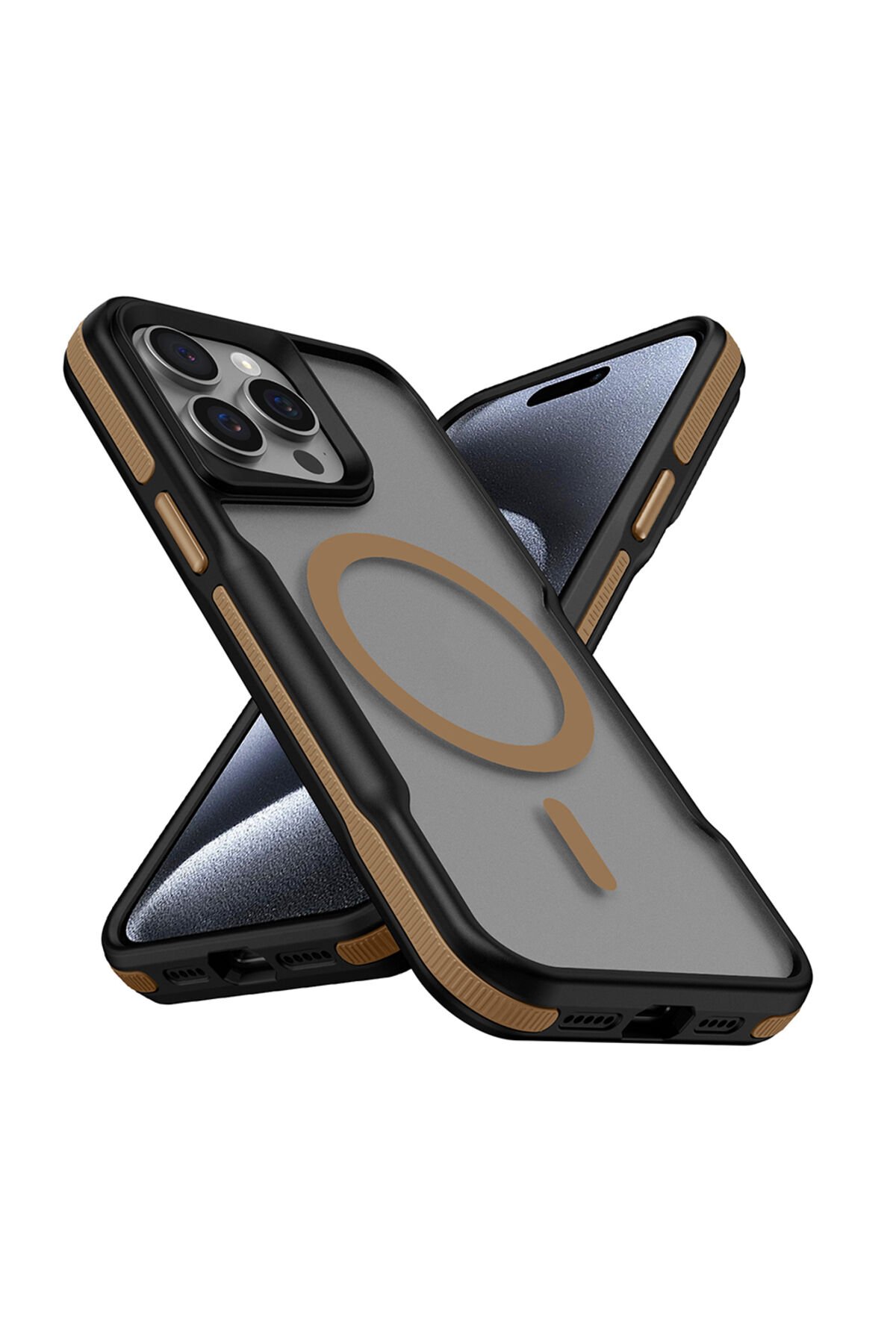 iPhone 14 Pro Max Uyumlu Magsafe Şarj Özellikli Renkli Kenar Airbag Şeritli BSAY Lamer Kapak-Titanyu Titanyum-Gold