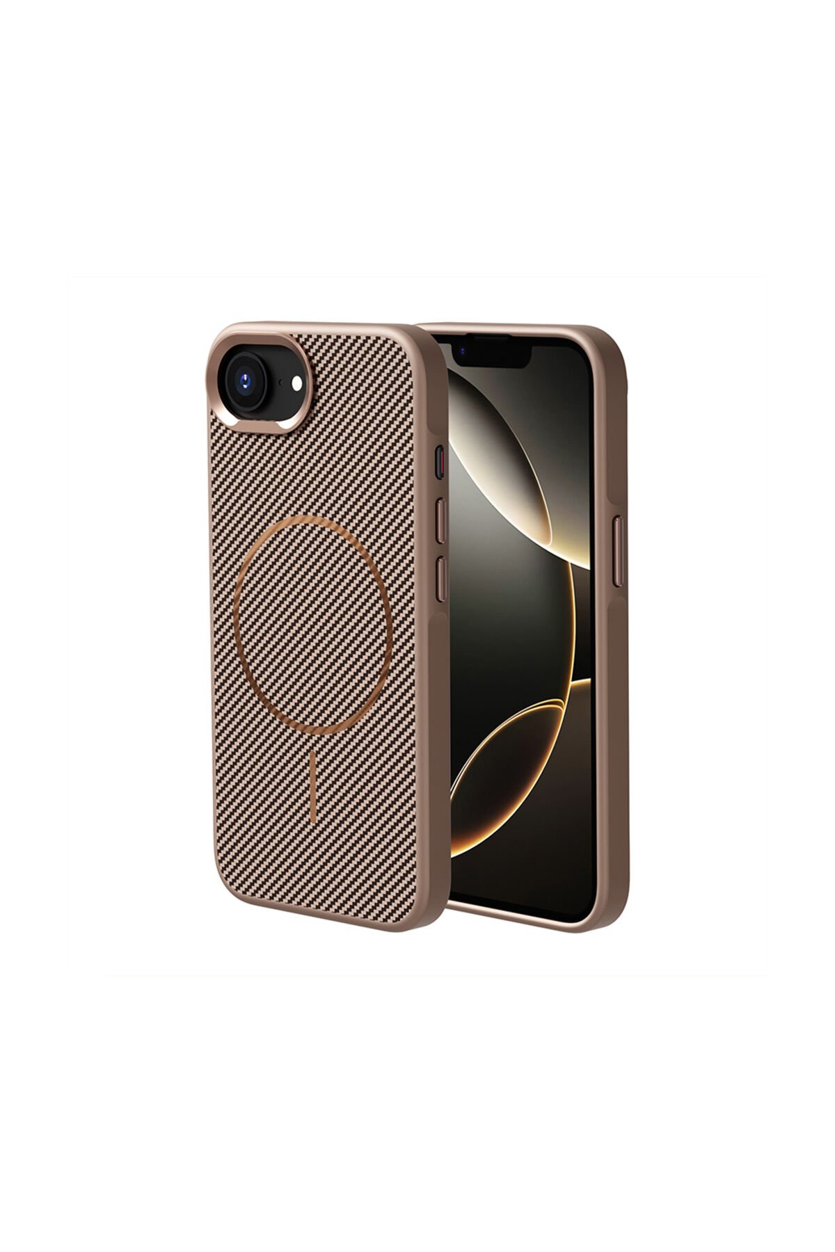 iPhone 17E Kılıf M-safe Şarj Özellikli Karbon Fiber Görünümlü BSAY Troy Kapak - Gold Altın
