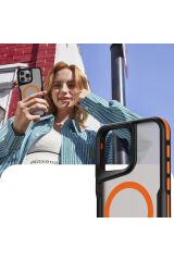 iPhone 15 Pro Uyumlu Magsafe Şarj Özellikli Renkli Kenar Airbag Şeritli BSAY Lamer Kapak-Siyah Gri