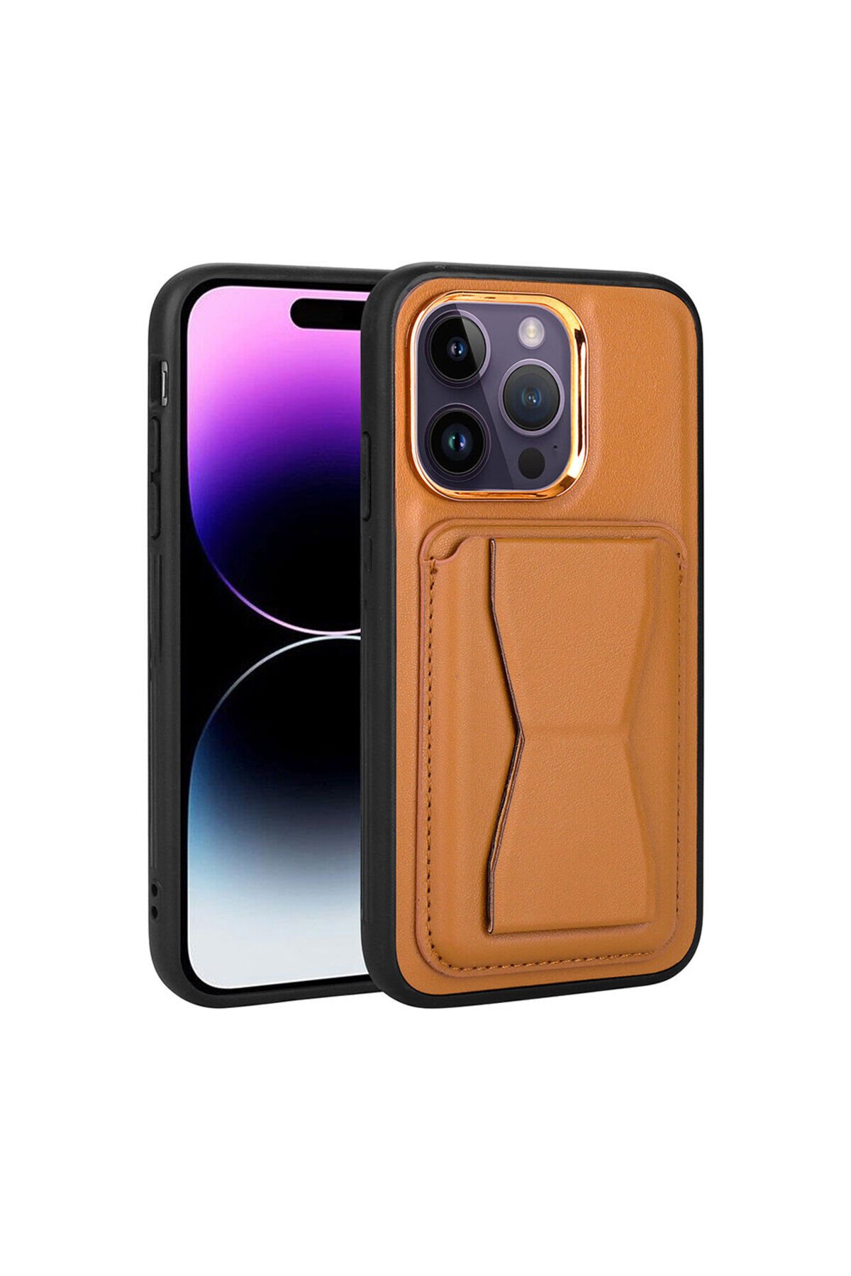 iPhone 14 Pro Uyumlu Kartlıklı Standlı Pu Deri BSAY Memo Kılıf-Kahve Açık