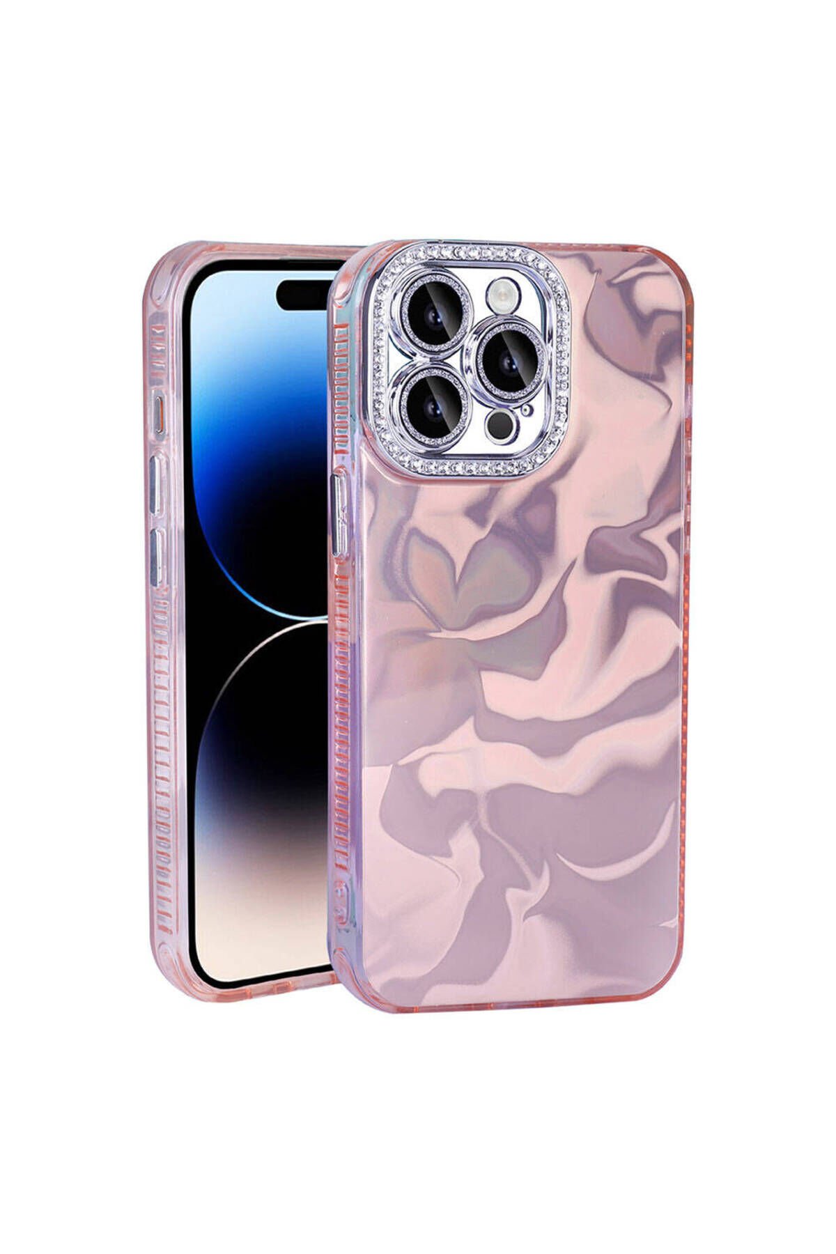iPhone 14 Pro Max Kılıf Airbagli Parlak Taş Detay Tasarımlı BSAY Esila Kapak - Pembe