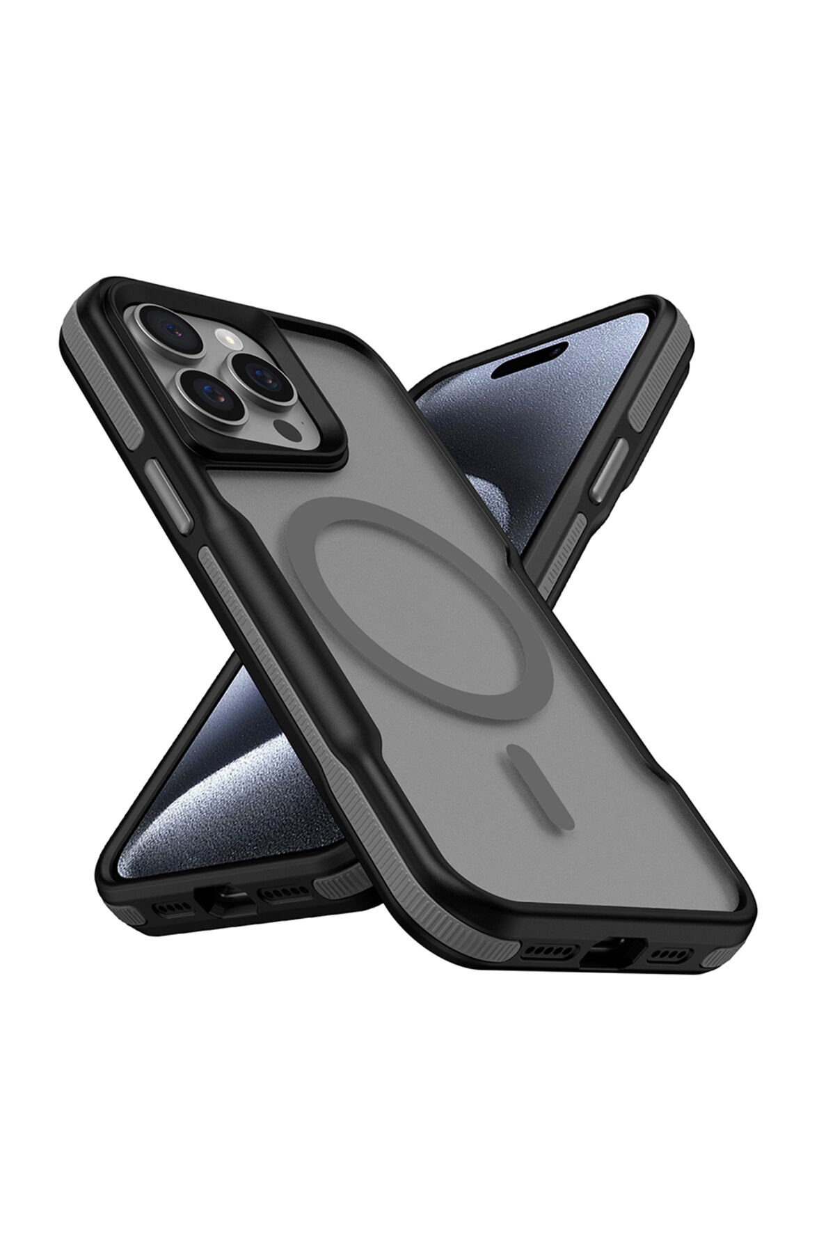 iPhone 15 Pro Max Uyumlu Magsafe Şarj Özellikli Renkli Kenar Airbag Şeritli BSAY Lamer Kapak-Siyah Gri