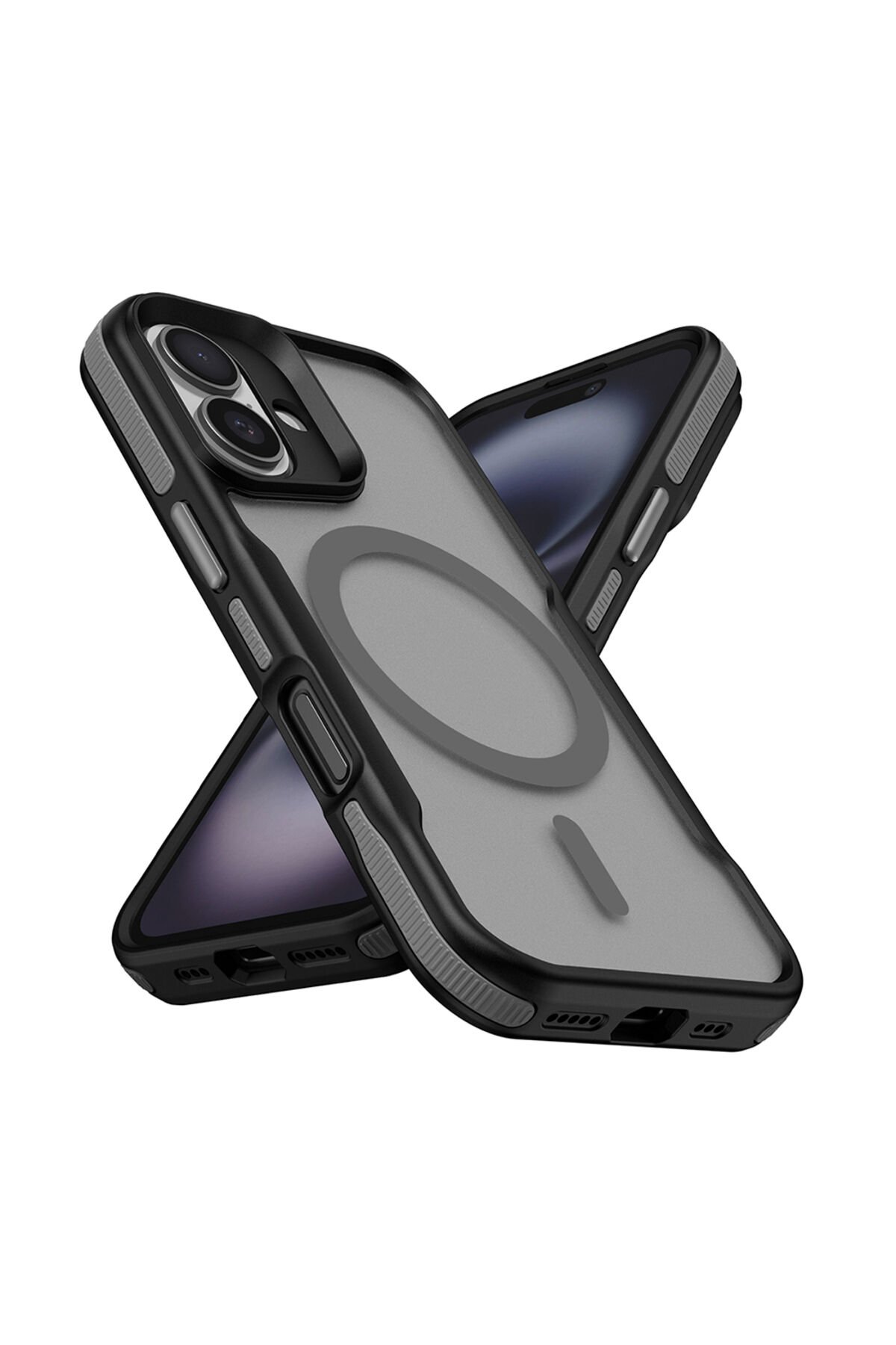 iPhone 16 Uyumlu Magsafe Şarj Özellikli Renkli Kenar Airbag Şeritli BSAY Lamer Kapak-Siyah Gri